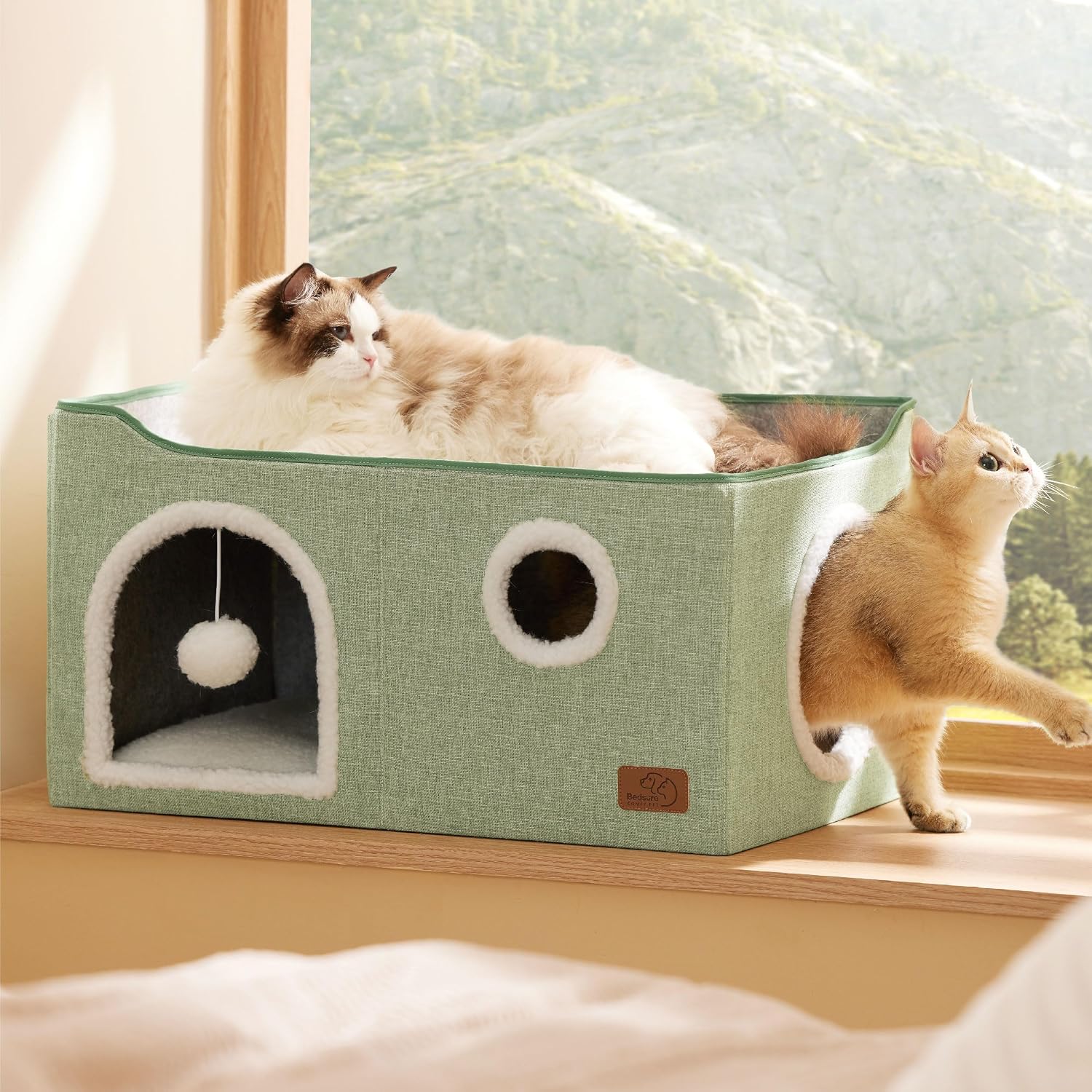 Bedsure Cat House Bed for Indoor Cats with Fluffy Ball and Scratch Pad,Grey