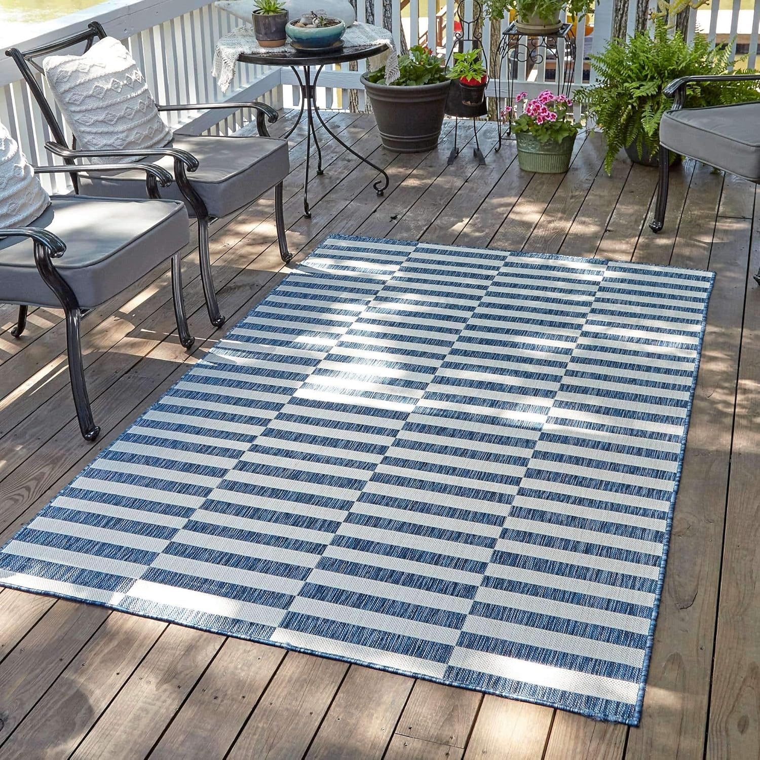 Unique Loom Outdoor Striped Collection Area Rug - Striped (7' 1" x 10' Rectangle, Taupe/Ivory)