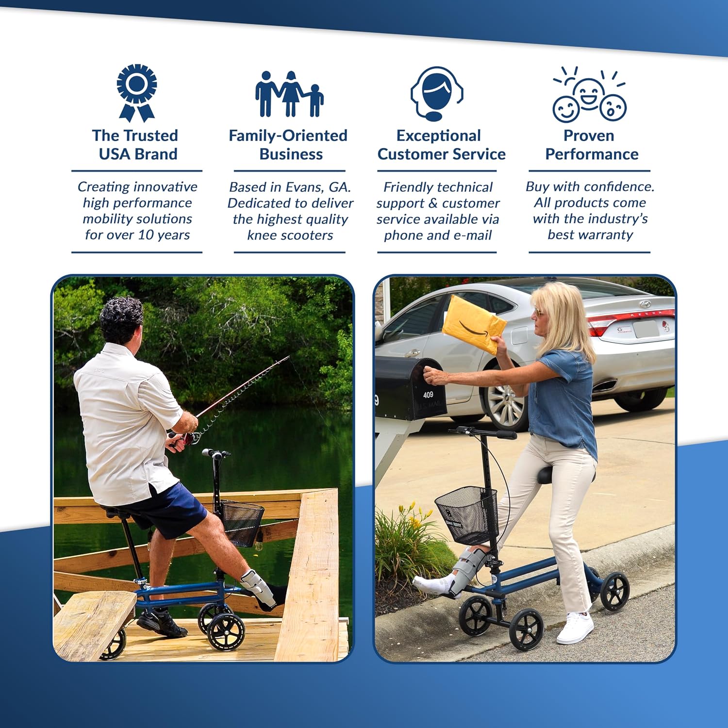 KneeRover Steerable Seated Scooter Mobility Knee Walker, Blue | Sitting Scooter with Leg Rest, Comfortable Gel Seat