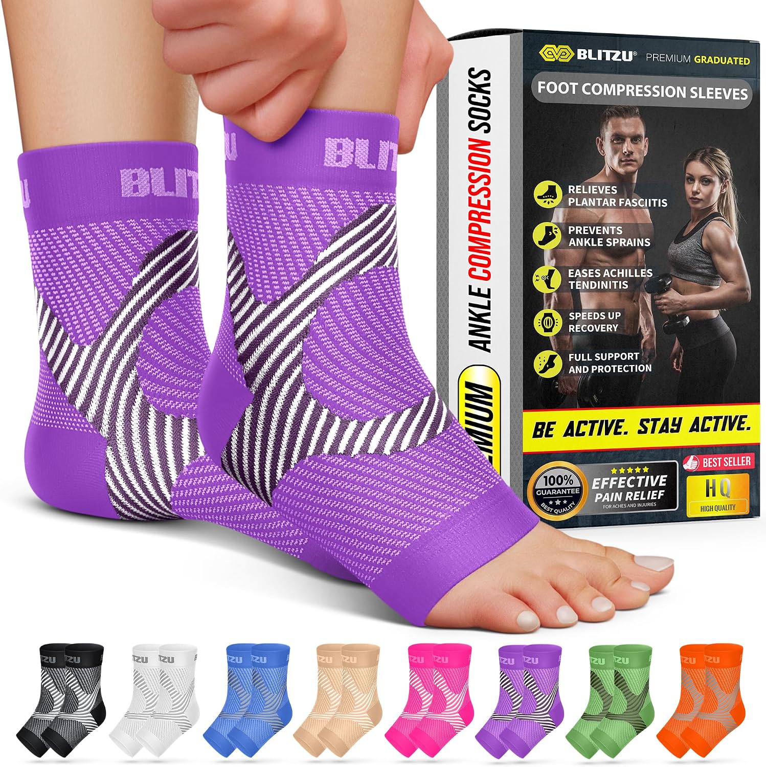 BLITZU Compression Socks for Plantar Fasciitis, Foot, Arch & Ankle Support | Open Toe Ankle Brace, Women & Men, Stabilizing Sleeve Wrap, Achilles Tendonitis, Neuropathy, Arthritis, Swelling & Heel Pain