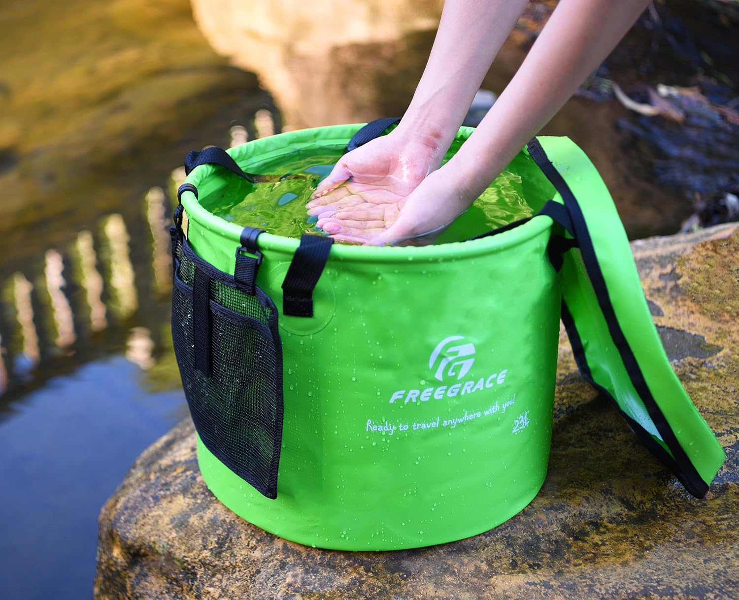 Freegrace Collapsible Bucket with Mesh Tool Pocket - 10L, 16L & 23L Portable Folding Water Container - Heavy Duty 500D Tarpaulin, BPA-Free Wash Basin for Camping, Fishing, RV, and Car Washing