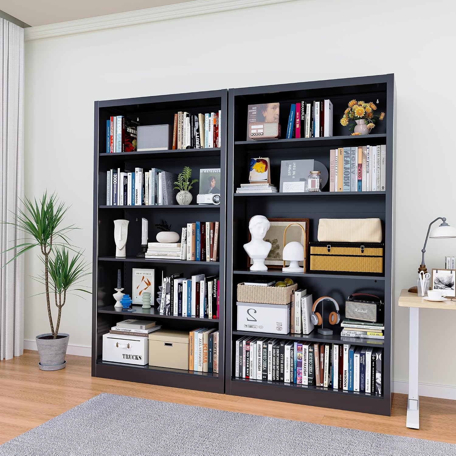 Bookcase,5 Tier White Bookshelves,66" Tall Free Standing Metal Bookcase with Adjustable Storage Shelves, Industrial Wide Bookshelf for Bedroom Living Room Home Office School