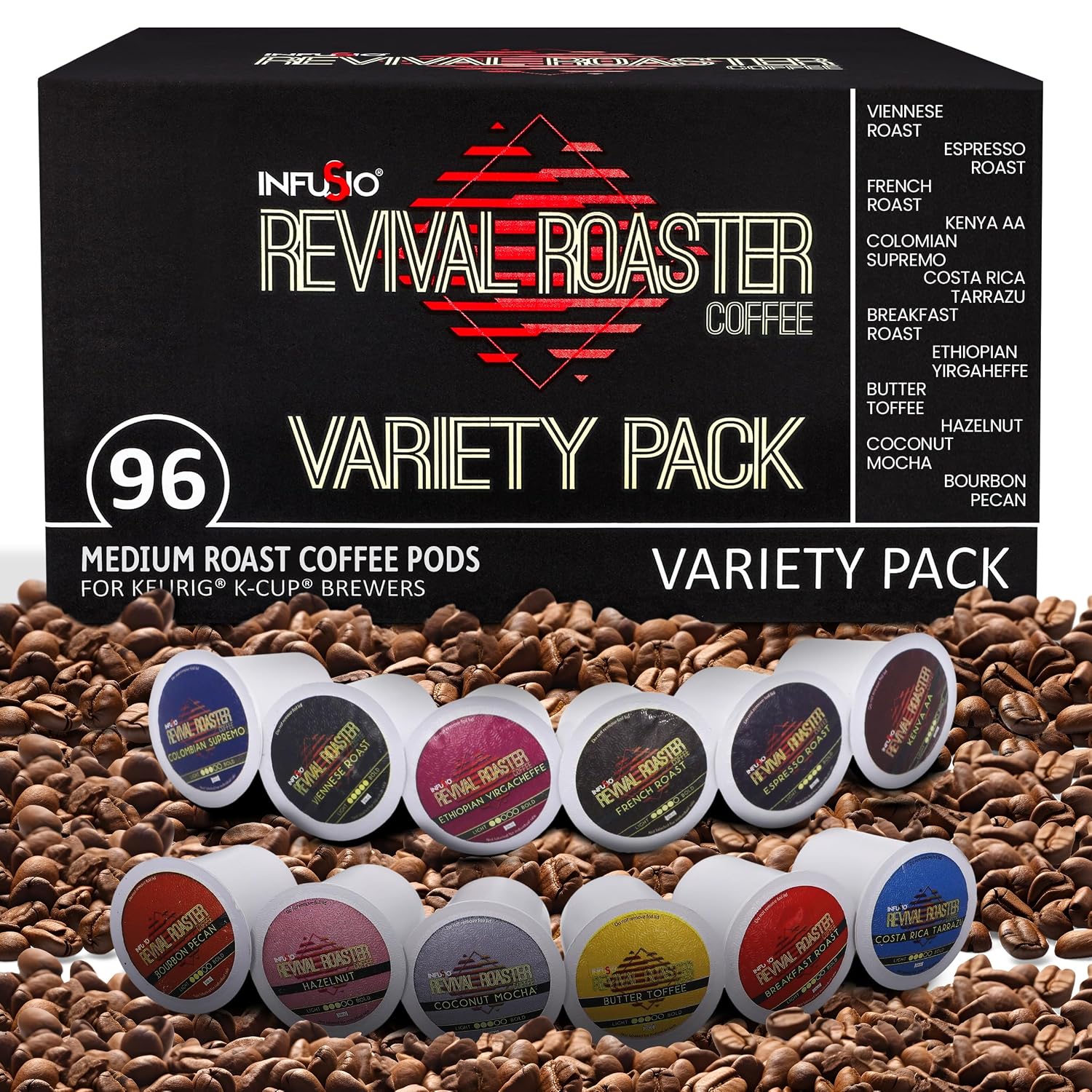 InfuSio Coffee Pods Variety Pack – 96 Count, 12 Blends of Crafted Origins and Indulgent Flavors Including Bourbon Pecan, Butter Toffee & Hazelnut, Medium & Dark Roast, No Sweeteners, Low Acid, Keurig Compatible