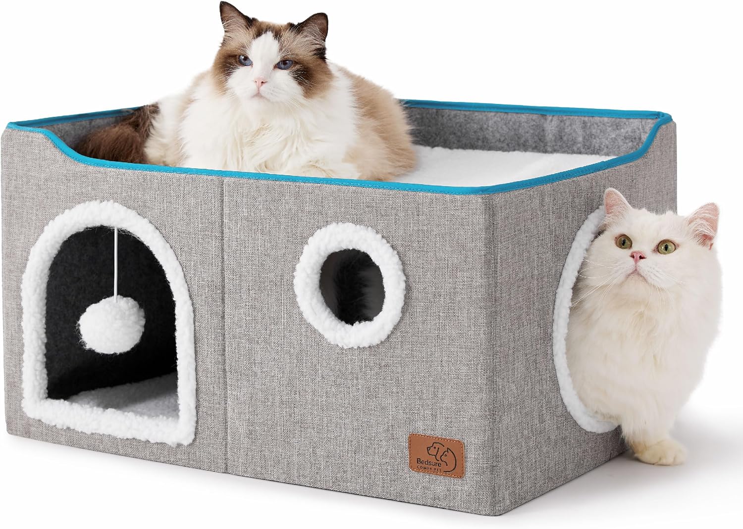 Bedsure Cat House Bed for Indoor Cats with Fluffy Ball and Scratch Pad,Grey