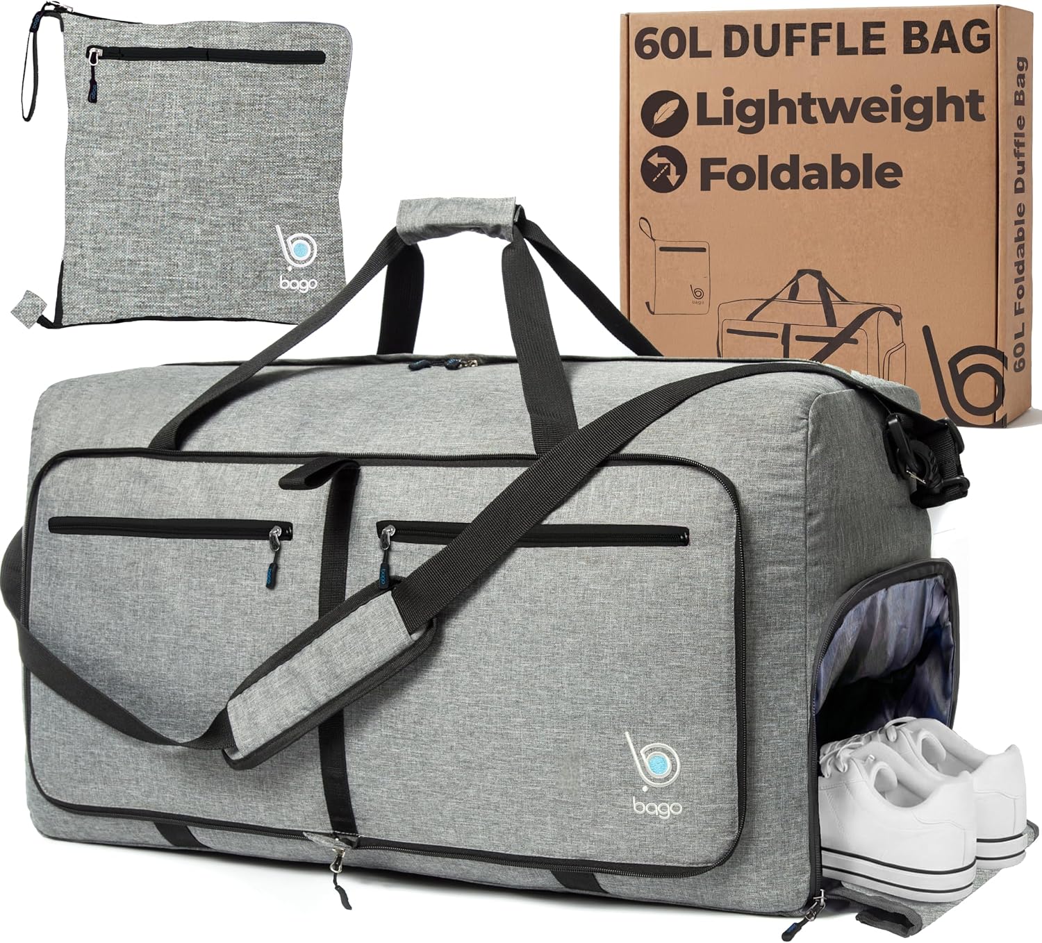 Bago Large Duffle Bag for Travel Women & Men. Durable Lightweight Foldable Travel Duffel Bags For Traveling Women. 80L Duffle Bags For Overnight Bag With Shoe Compartment Collapsible Weekender duffel
