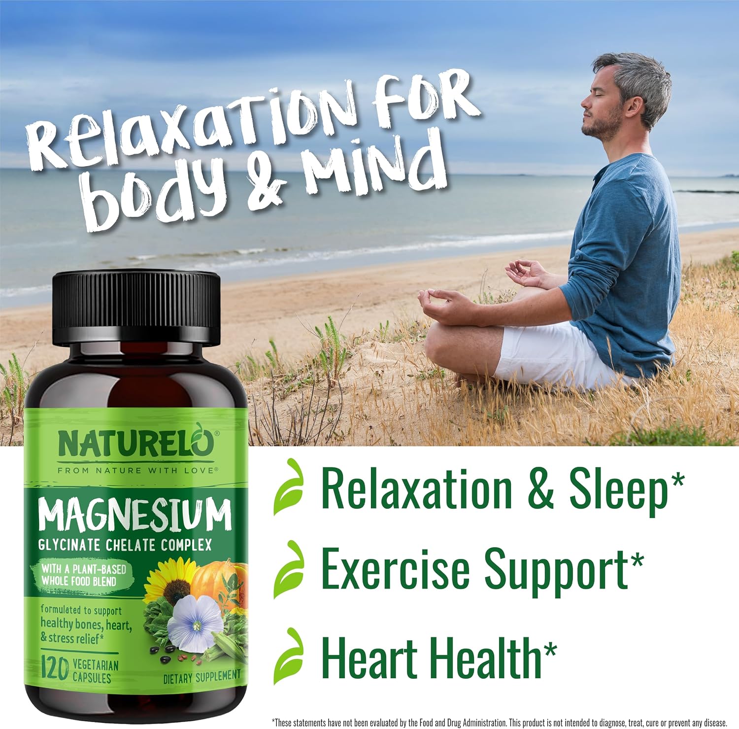 NATURELO Magnesium Glycinate Chelate Complex - 200 mg Magnesium, 120 Count | Support Sleep, Calm, Muscle Cramp & Stress Relief, Gluten Free, Non GMO, with Organic Vegetables