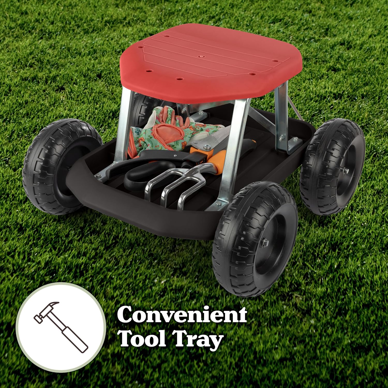 Pure Garden Rolling Garden Seat with Wheels and Tool Tray, Black/Green | Gardening Stool Garden Cart Scooter with Storage for Yard Tools