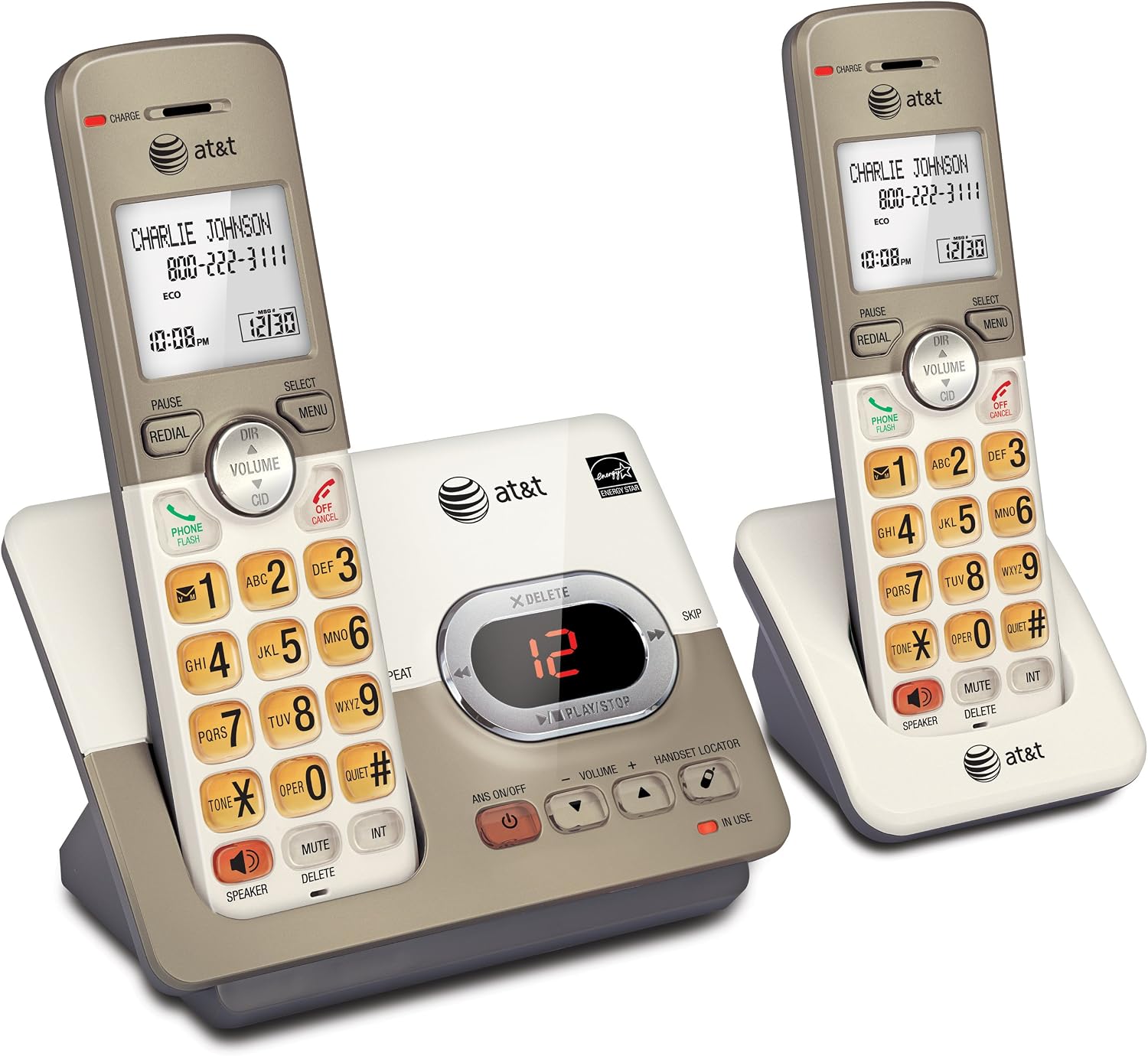 AT&T EL52213 2-Handset Cordless Phone, Light Champagne | Digital Answering System, Extra-Large Backlit Keys, Caller ID/Call Waiting, DECT 6.0, Expandable Speakerphone