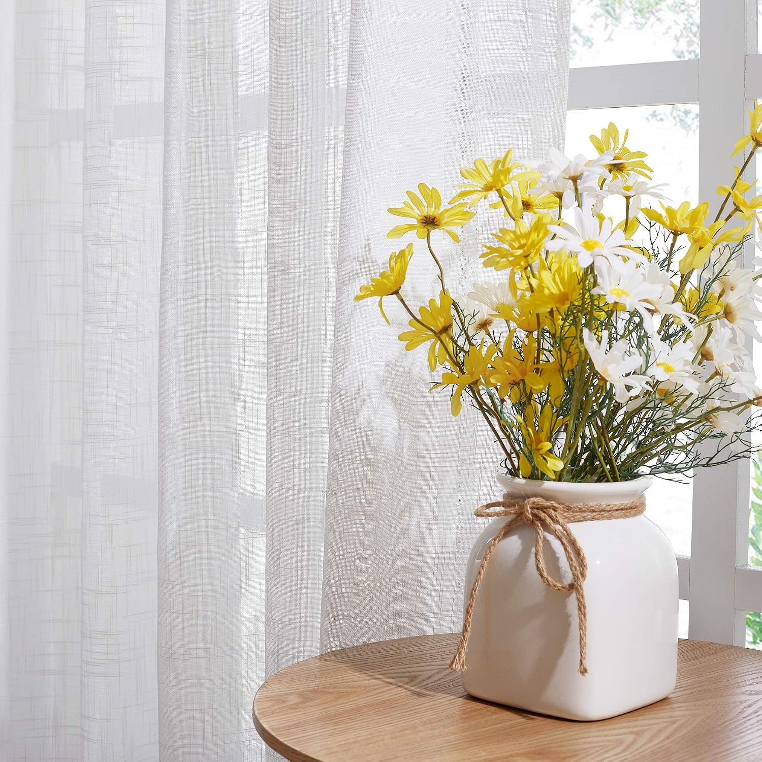NICETOWN Linen Curtains White Semi Sheer 72 inch Long for Windows, Privacy with Light Filtering Grommet Top Window Treatments for Bedroom/Living Room