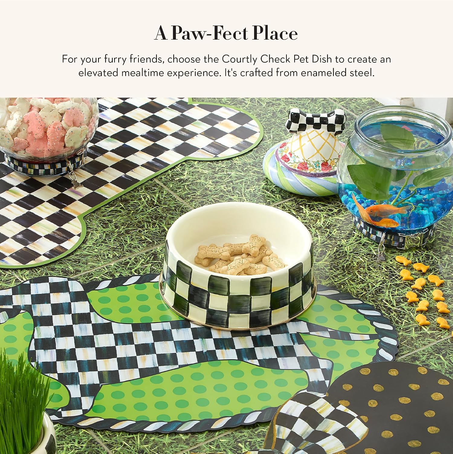 MACKENZIE-CHILDS Enamel Pet Dish, Large, Black-and-White Courtly Check | Decorative cat and dog bowl for food and water, 40-ounce capacity