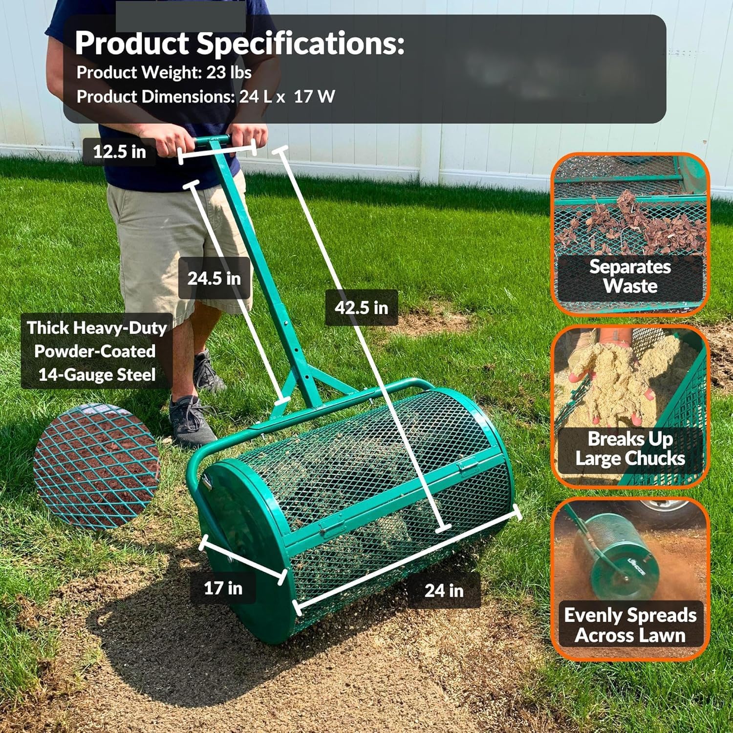 Compost Spreader, 24 Inch Compost and Peat Moss Spreader Roller with T Shaped Handle, Powder-Coated Steel Garden Peat Moss Roller