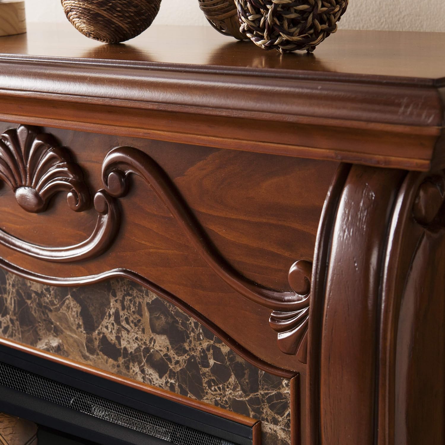 SEI Furniture Cardona Carved Wood & Faux Marble Electric Fireplace, New Walnut