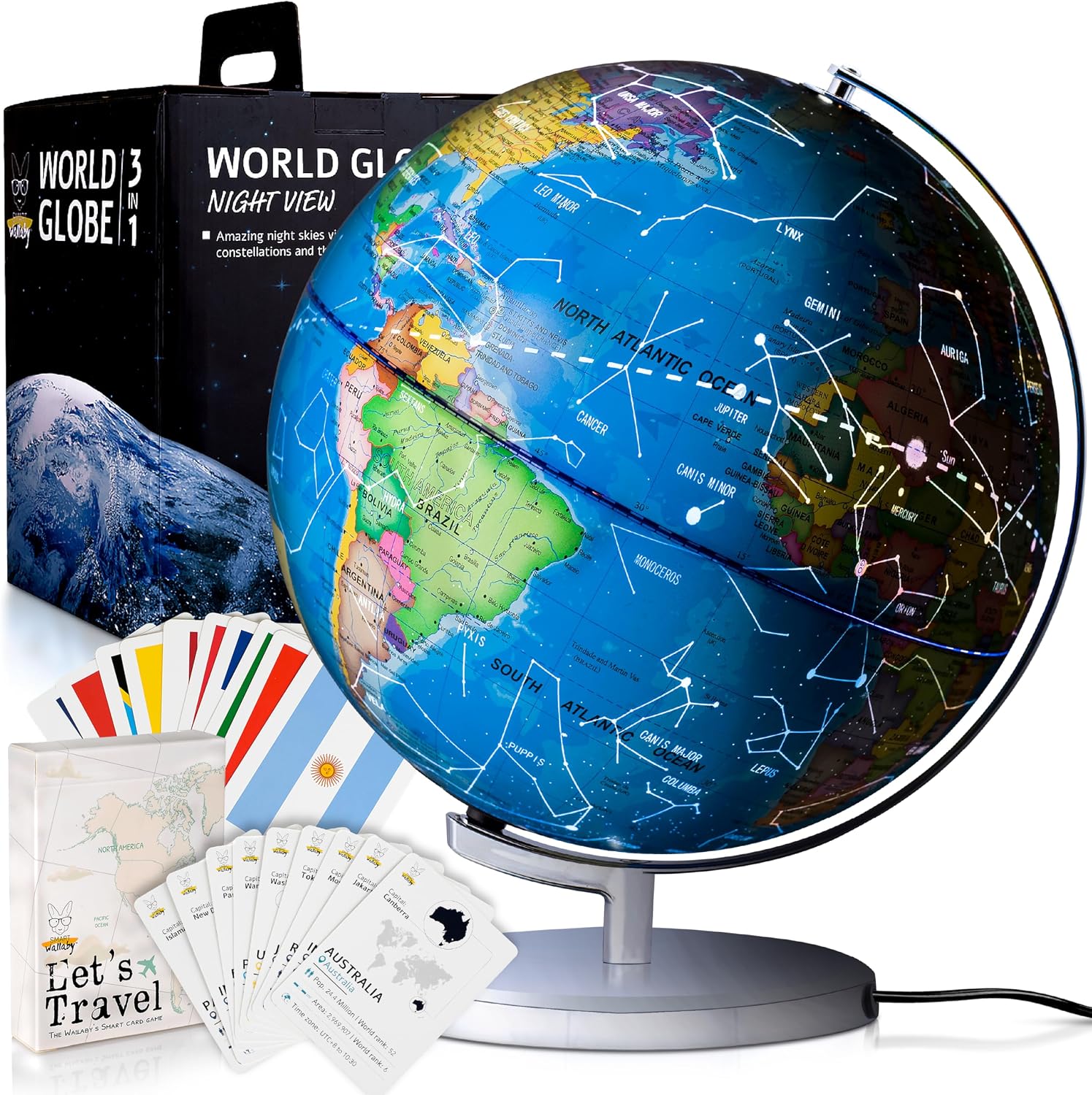SMART WALLABY 9" Illuminated Educational Kids World Globe + STEM Flags & Countries Interactive Card Game. 3 in 1 Children Desktop Spinning Earth