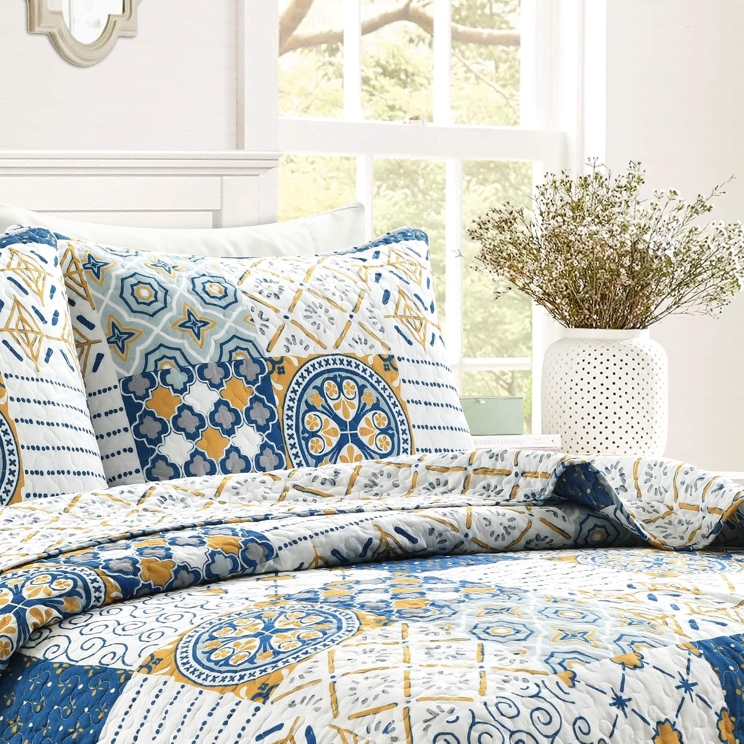 Lush Decor Monique 3 Piece Reversible Print Pattern Blue Quilt Set - Full Queen