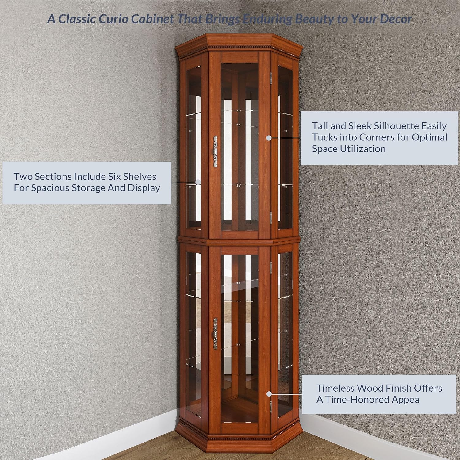 BELLEZE Lighted Wooden Corner Display Curio Cabinet, Two Section Shelving Unit with Tempered Glass Door