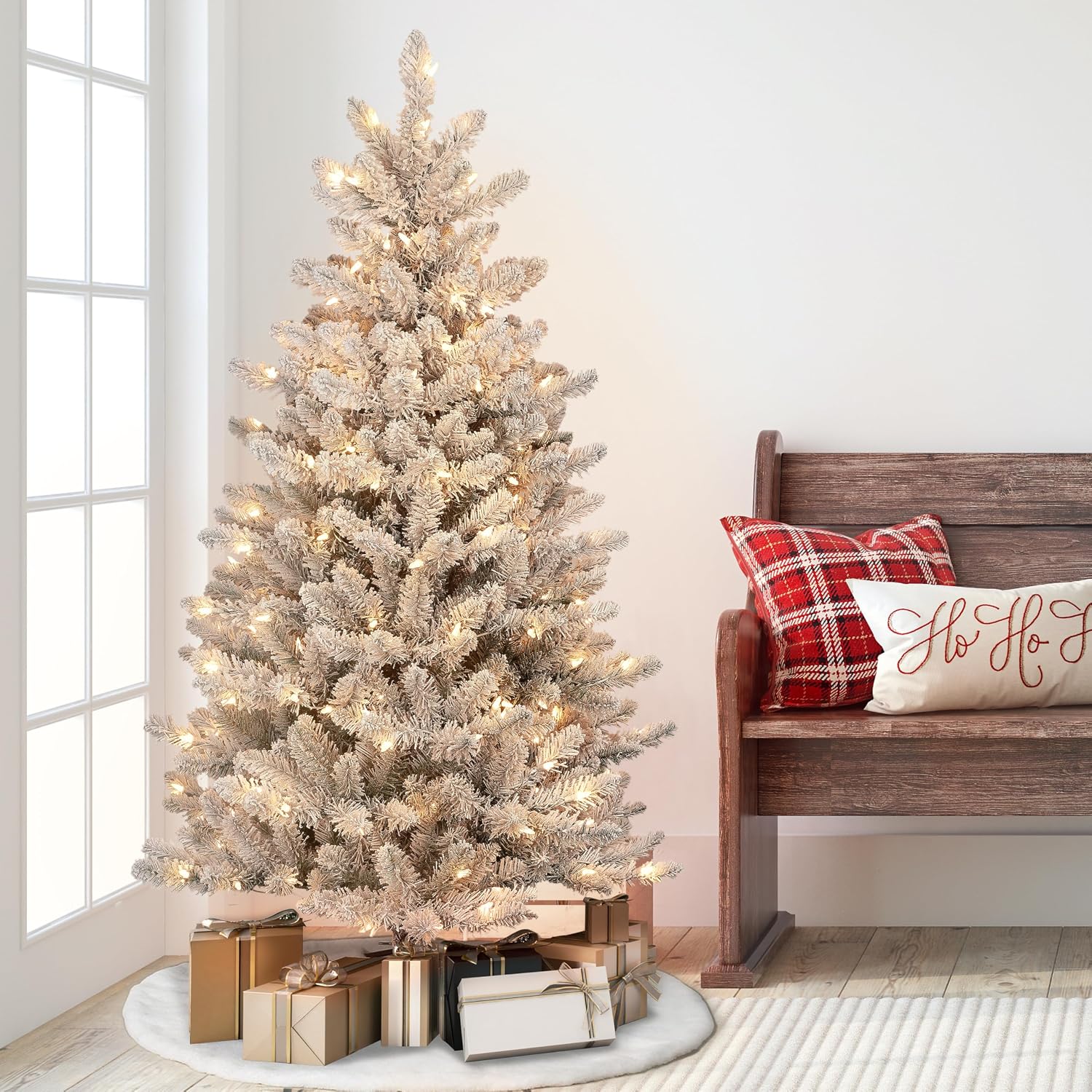Puleo International 7.5 Foot Pre-Lit Slim Flocked Fraser Fir Artificial Christmas Tree with 500 UL Listed Clear Lights