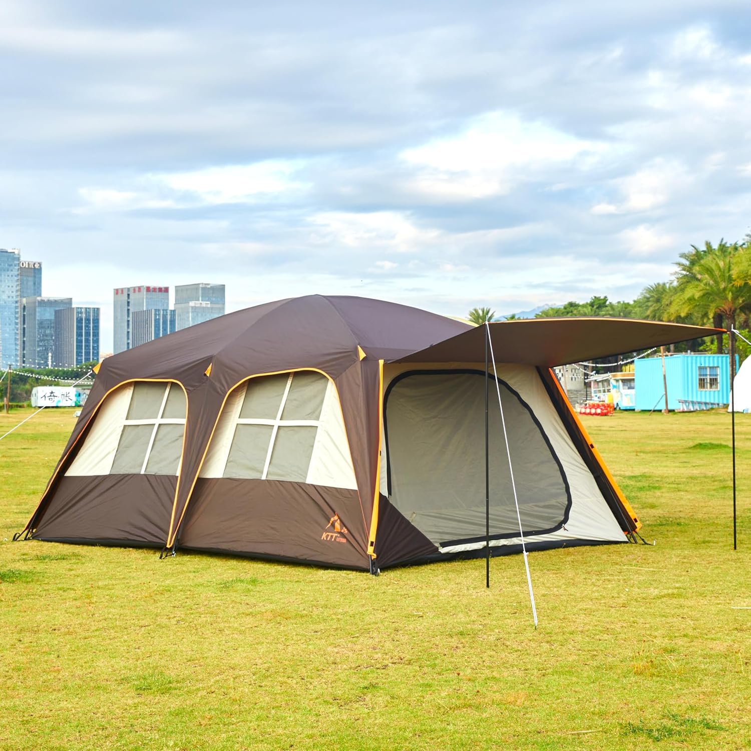 KTT Extra Large Tent 12-14 Person, Family Cabin Tents, 2 Rooms, Straight Wall, 2 Doors 4 Windows with Mesh, Waterproof, Double Layer