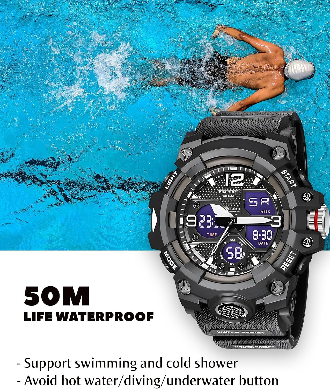 Gosasa Men's Large Face Outdoor Sports Watches Military S-Shock Watch Waterproof, Backlight, Alarm, Stopwatch Features - Rugged Wristwatch for Training, Hiking, and Adventure