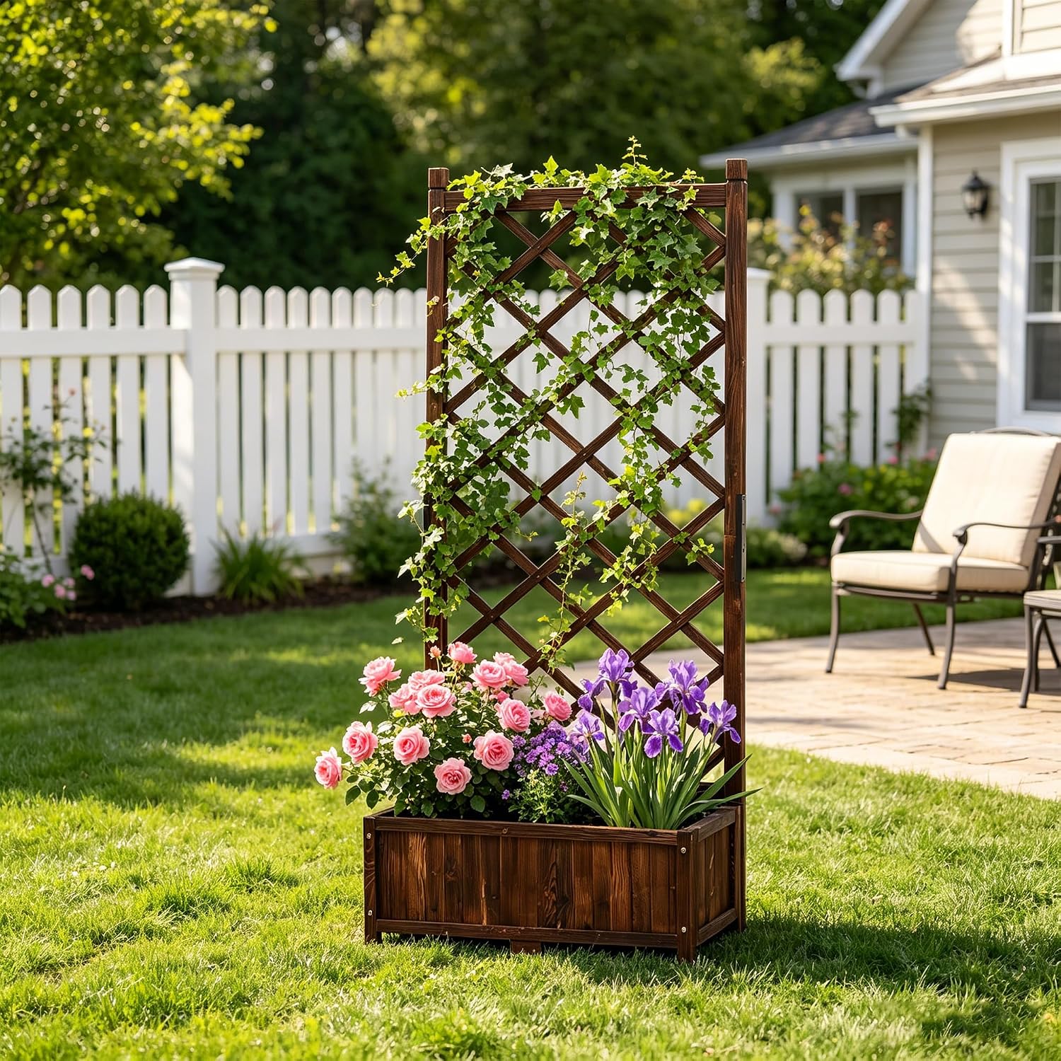 Anraja Raised Garden Bed with Trellis Wooden Flower Standing Planter Box Outdoor Wood Lattice Panels Privacy Screen for Climbing Plant Planting