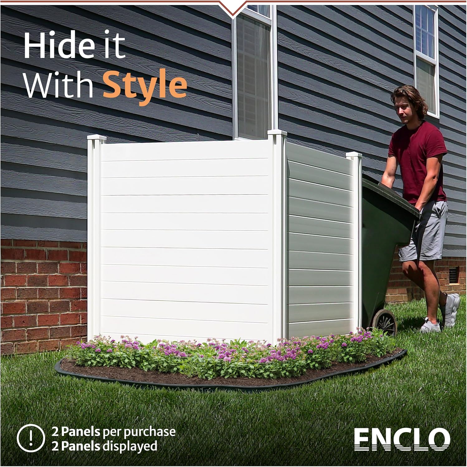 Enclo Premium White Vinyl Privacy Screen, DIY No Dig Kit | 4ftH x 4ftW, 2 Panels, Trash Can Fence, ZP19014