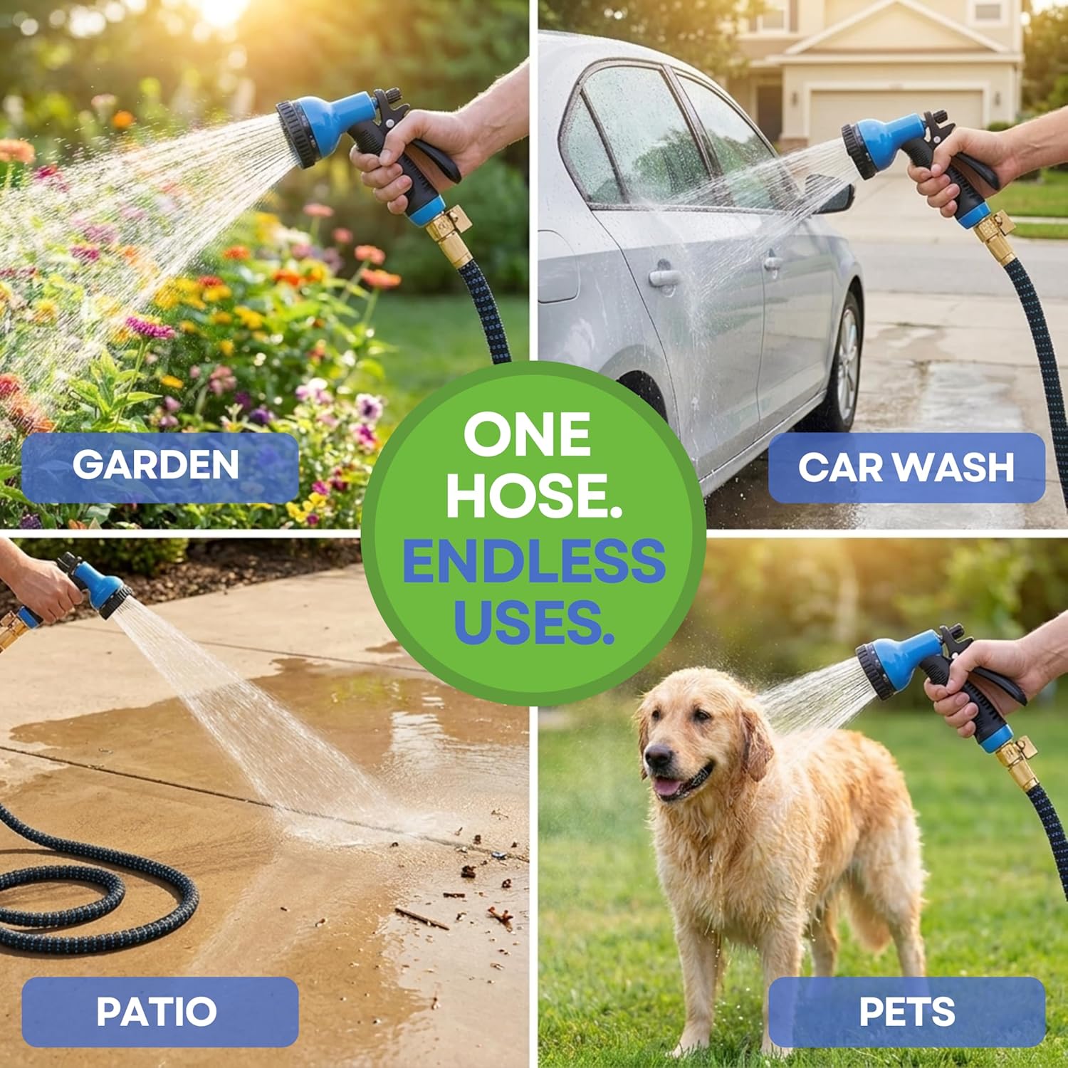 J&B XpandaHose 75ft Expandable Garden Hose, Lightweight, Brass Connectors | Ultra Strong 3750D fabric, 4-layer latex core, expands 3X, kink & leak-resistant, 10-pattern nozzle, storage bag
