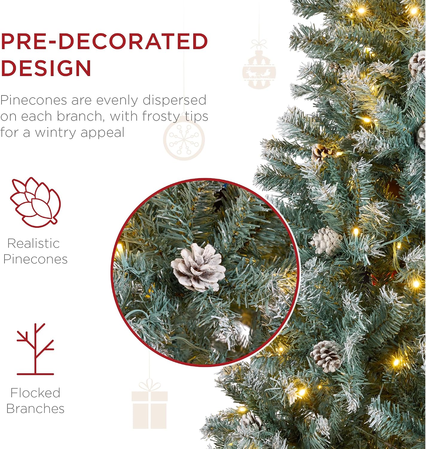 Best Choice Products 7.5ft Pre-Lit Pre-Decorated Pine Artificial Christmas Tree w/Twinkling LEDs, 1, 346 Flocked Frosted Tips, 80 Pinecones