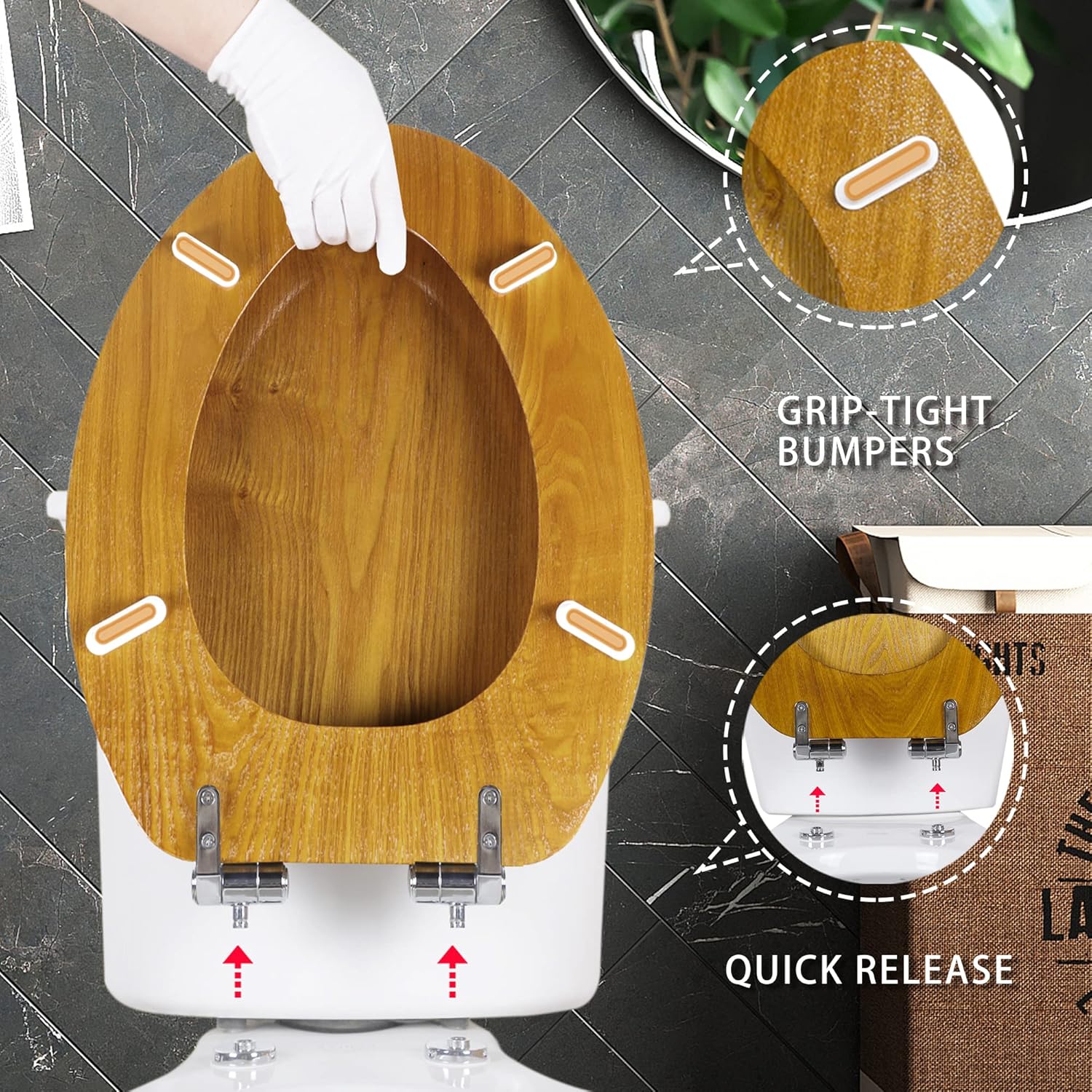 Angel Shield Toilet Seat with Zinc Alloy Hinges Quiet-Close Quick-Release Wood Molded UV Lid Easy Clean(Elongated,Black)