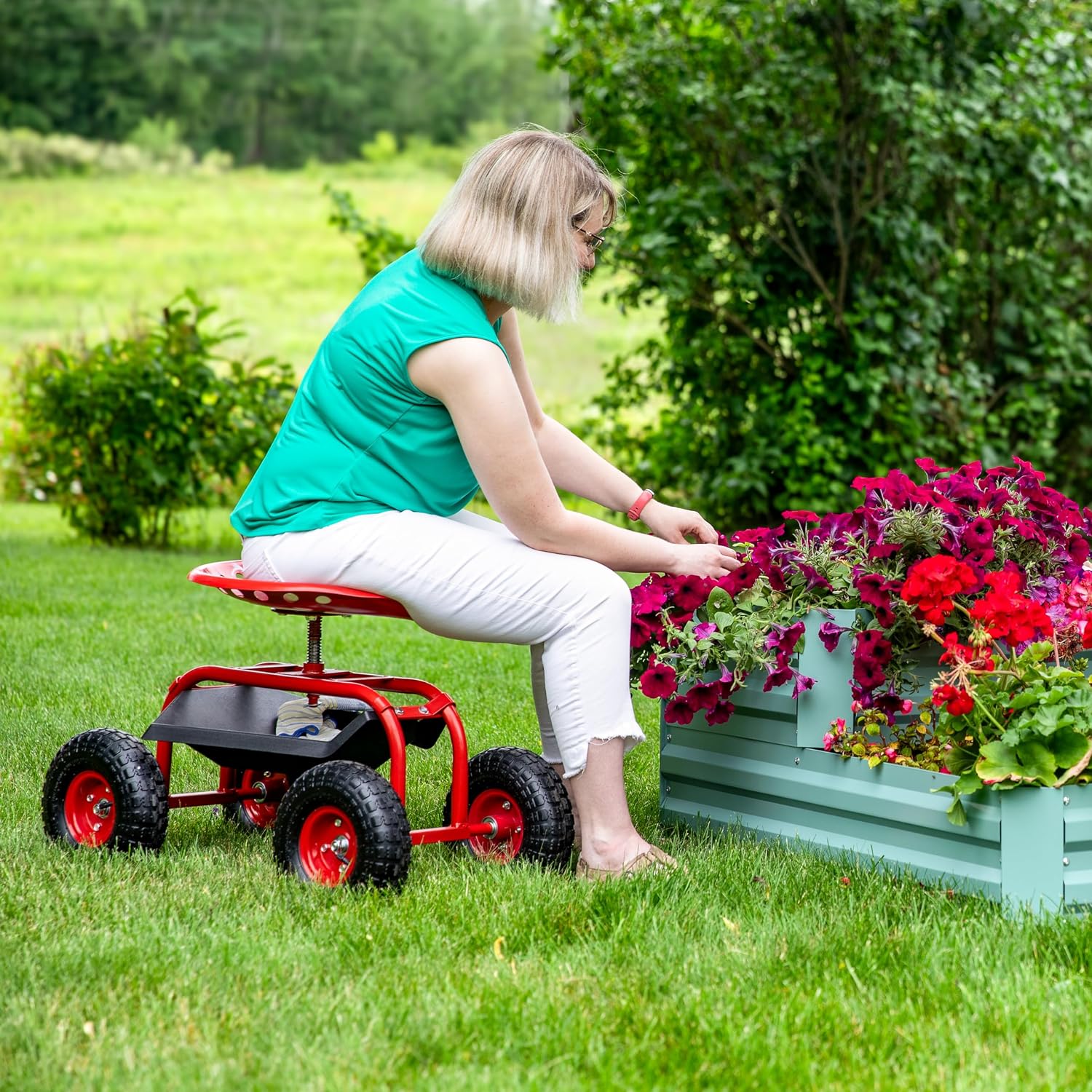 Sunnydaze Rolling Garden Cart with Swivel Seat and Storage, Green | Steel Rolling Gardening Seat with Utility Tray, and Basket for Storage, Rotating, Swiveling Motion