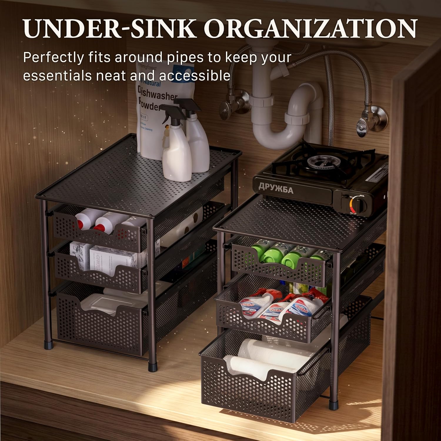 Simple Houseware Stackable 3 Tier Sliding Basket Organizer Drawer, Silver