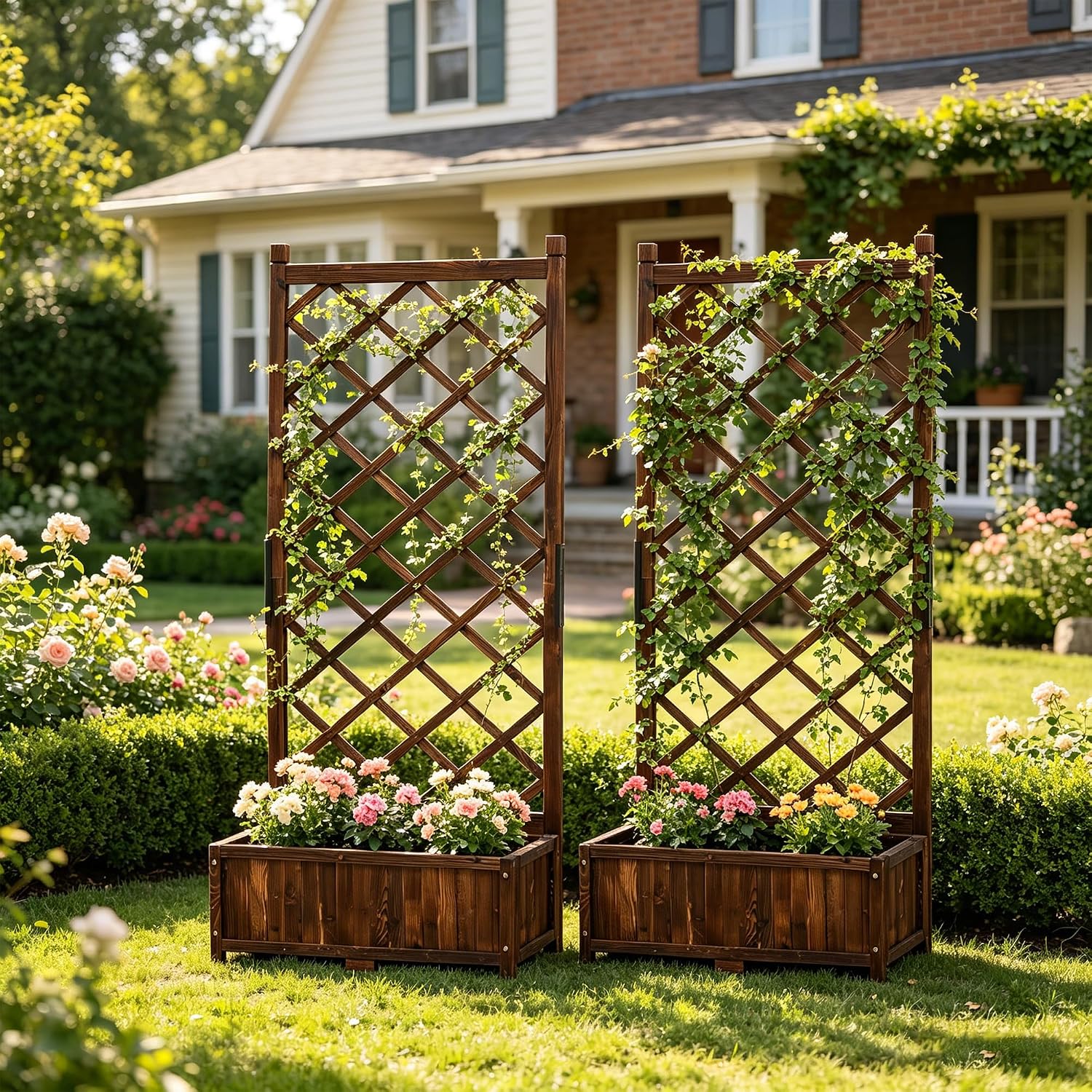 Anraja Raised Garden Bed with Trellis Wooden Flower Standing Planter Box Outdoor Wood Lattice Panels Privacy Screen for Climbing Plant Planting
