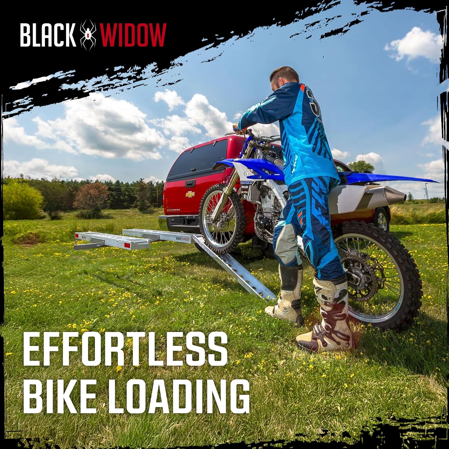 Black Widow Aluminum Dirt Bike Hitch Carrier with Ramp, 400 lb Capacity | Non-Folding Motorcycle, eBike & Fat Tire Bike Hauler for Truck & SUV, Fits 2-Inch Class III/IV Hitch Receiver