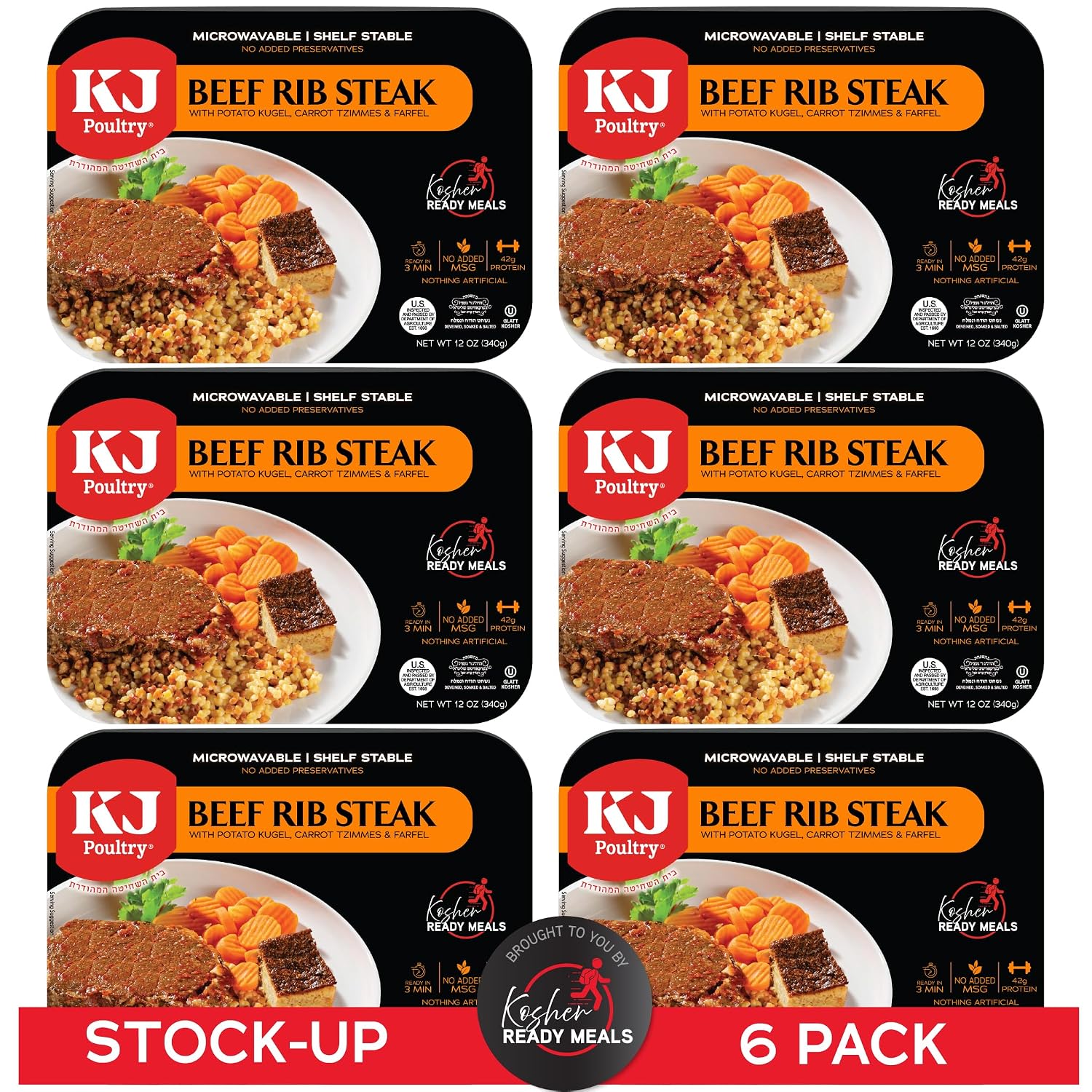 KJ Poultry Kosher Ready Meals - Beef Rib Steak & Kugel, MRE Meat Meals Ready to Eat, Shabbos Food (1 Pack) Prepared Entree Fully Cooked, Shelf Stable Microwave Dinner Travel Military Camping Survival