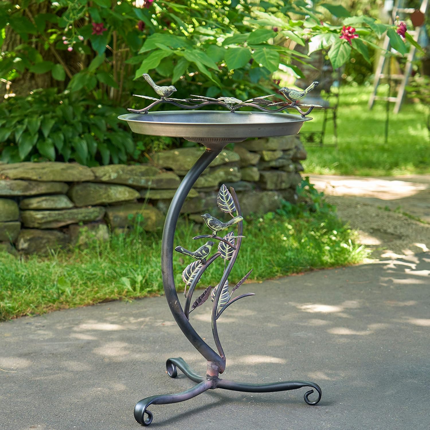 Zaer Ltd. Shallow Birdbath on Curved Branch Stand (Aged Copper Finish)