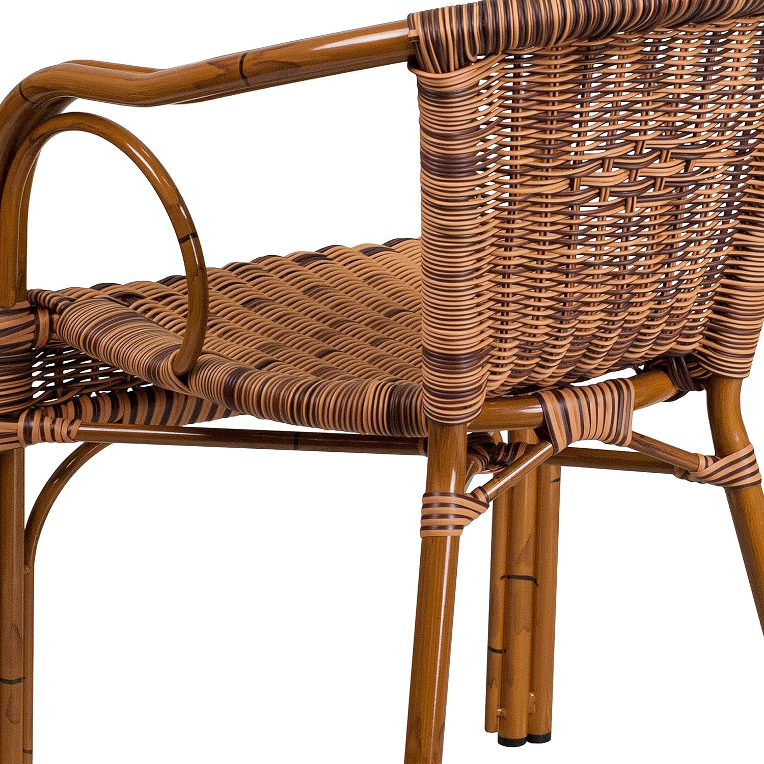 EMMA + OLIVER Brown Rattan Patio Chair with Dark Red Bamboo | Durable Construction, Commercial Use