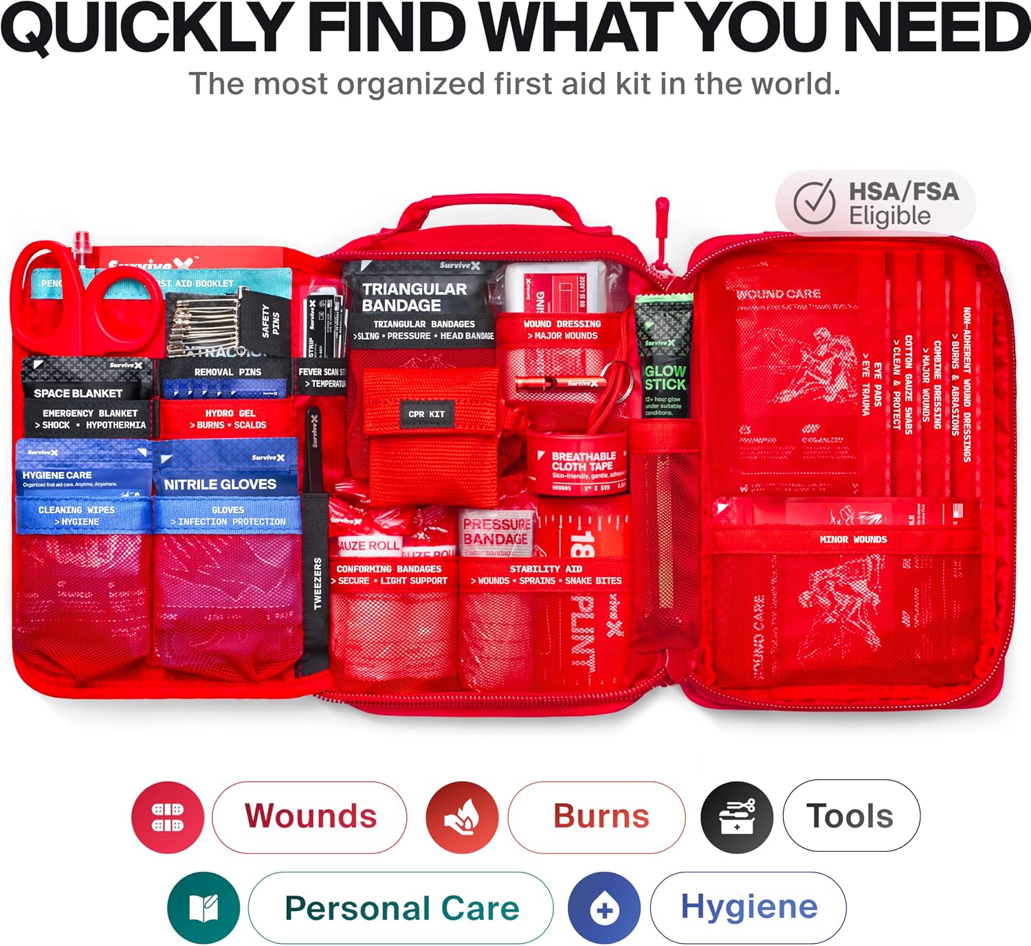 SurviveX Large First Aid Kit, Labeled Pockets, Zip Stitch Wound Closures | Close wounds without stitches, quickly find what you need, first aid emergency kit for car, home, travel, camping, outdoors