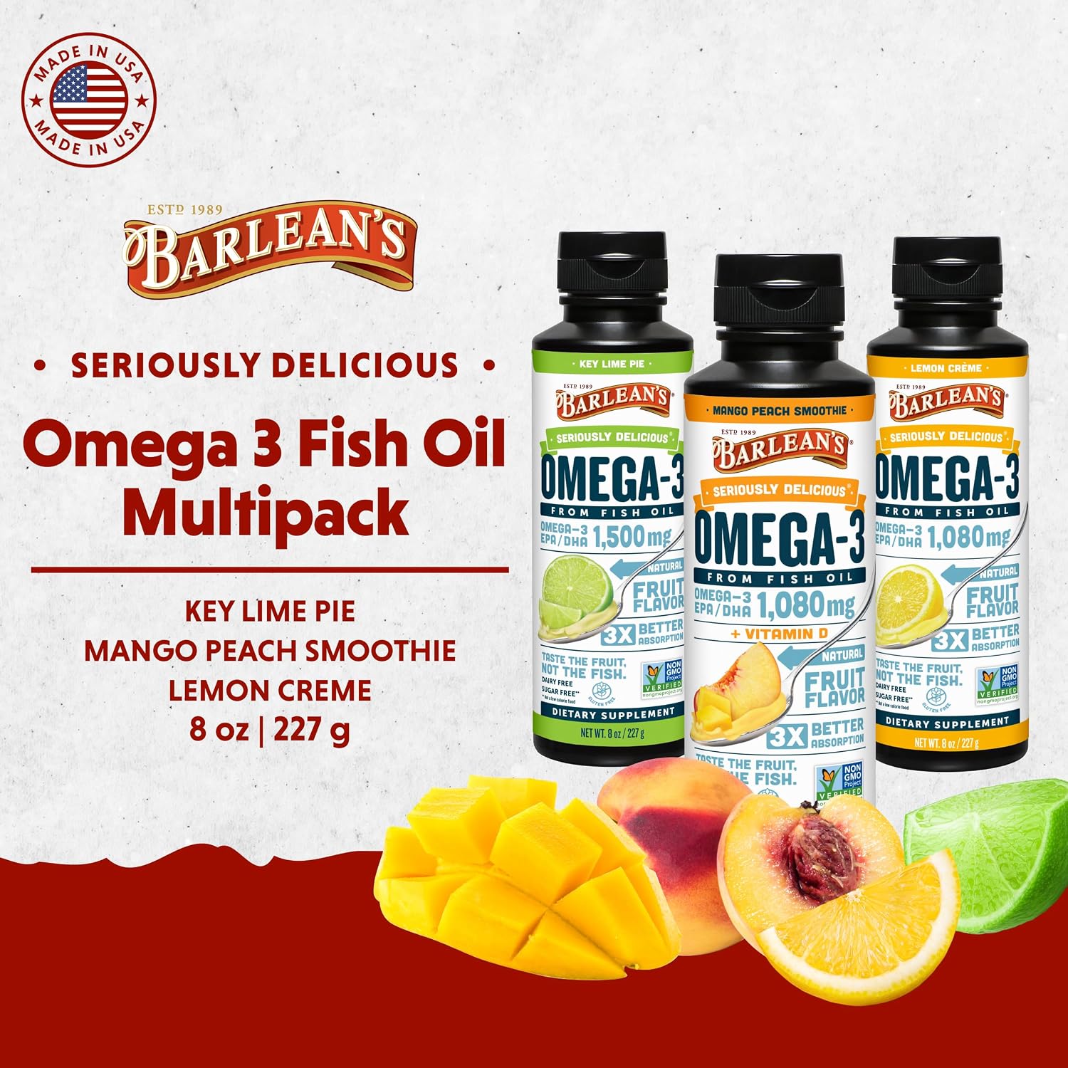 Barlean's Mango Peach Omega-3 Fish Oil, Vitamin D, 1080mg EPA & DHA, 8oz | Wild-caught fish oil plus vitamin D, EPA DHA omega-3, Burpless, Non-GMO, Gluten-free, Heart, brain, bone & immune