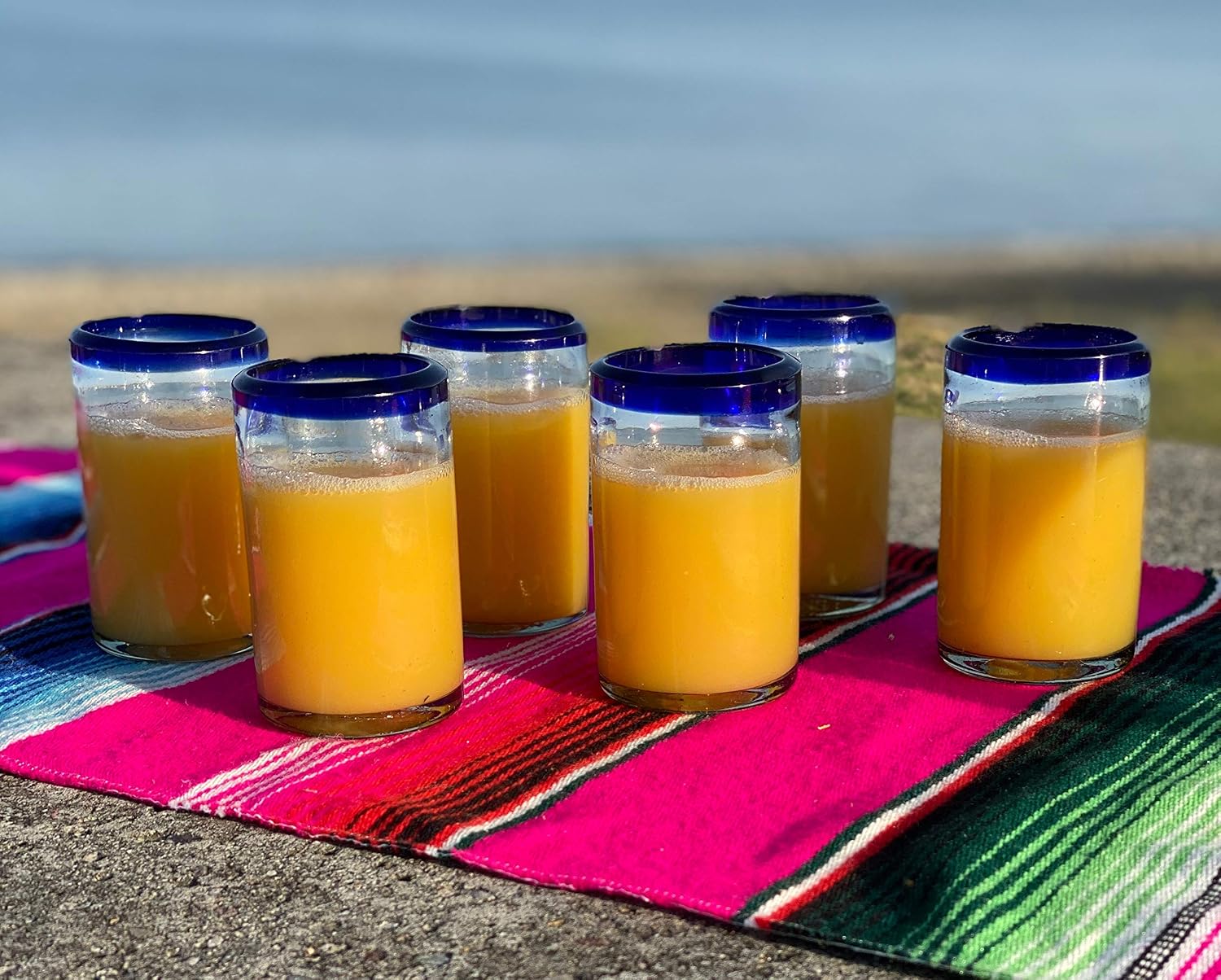 Hand Blown Mexican Drinking Glasses - Set of 6 Juice Glasses with Cobalt Blue Rims (8 oz each)