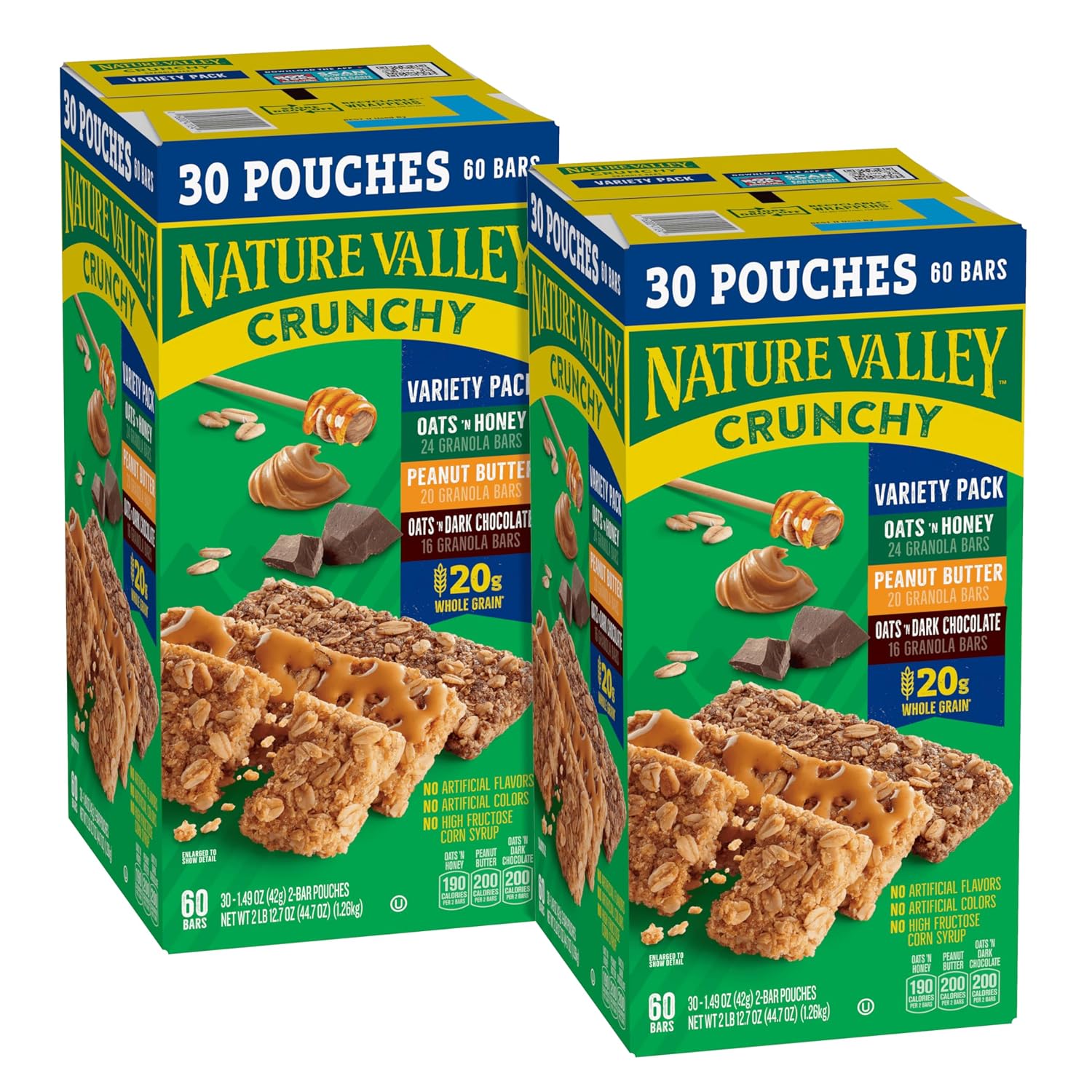 Nature Valley Crunchy Granola Bars, Value Pack, 60 ct, 44.7 oz | Oats & Honey and Peanut Butter Varieties, 2-Bar Pouches, Whole Grain Oats, No Artificial Flavors