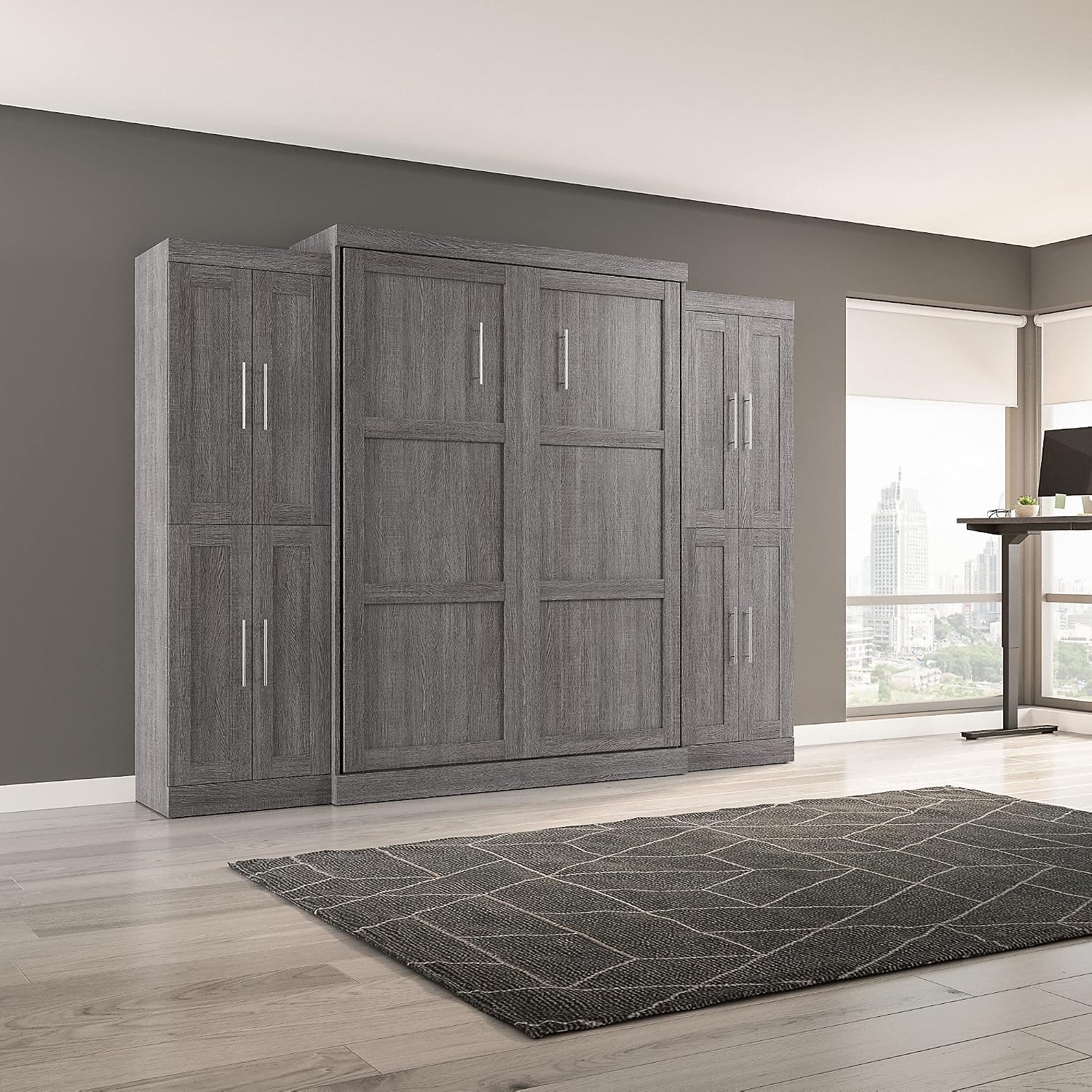 Bestar Pur Full Murphy Bed and 2 Shelving Units with Drawers, 109-inch Space-Saving Sleeping Arrangement in White | 2 Shelving Units with Drawers; supports up to 1000 lb; min. ceiling height 86.4 in.; dual piston mechanism; 10-year warranty