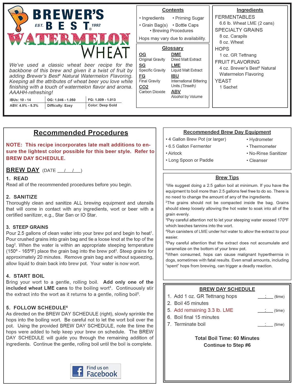 Brewer's Best Watermelon Wheat Beer Ingredient Kit Makes 5 Gallons