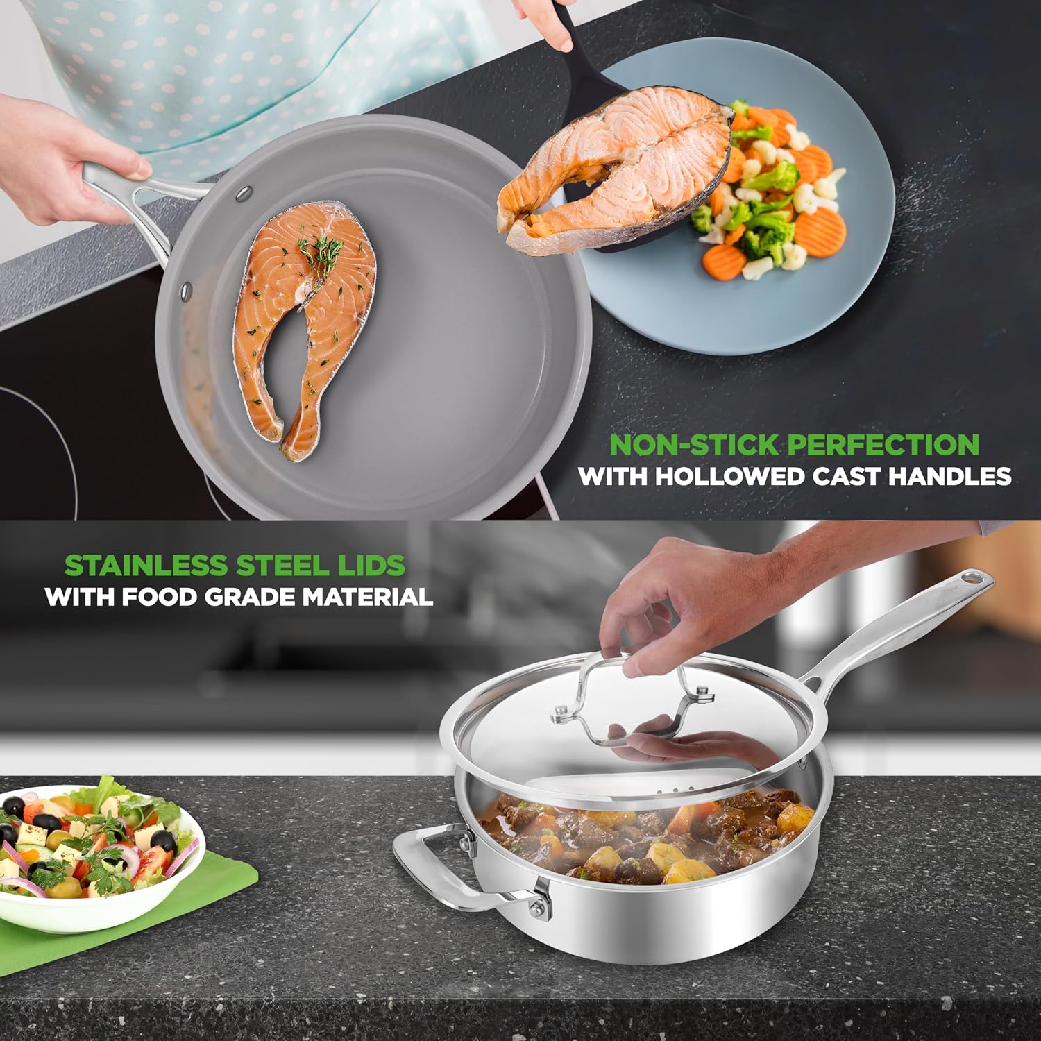 NutriChef Professional 12-Piece Nonstick Cookware - PFOA/PFOS-Free, Heat Resistant Lacquer, Elegant Design, Multi-Sized Pots and Pans, Teal/Gray/Green