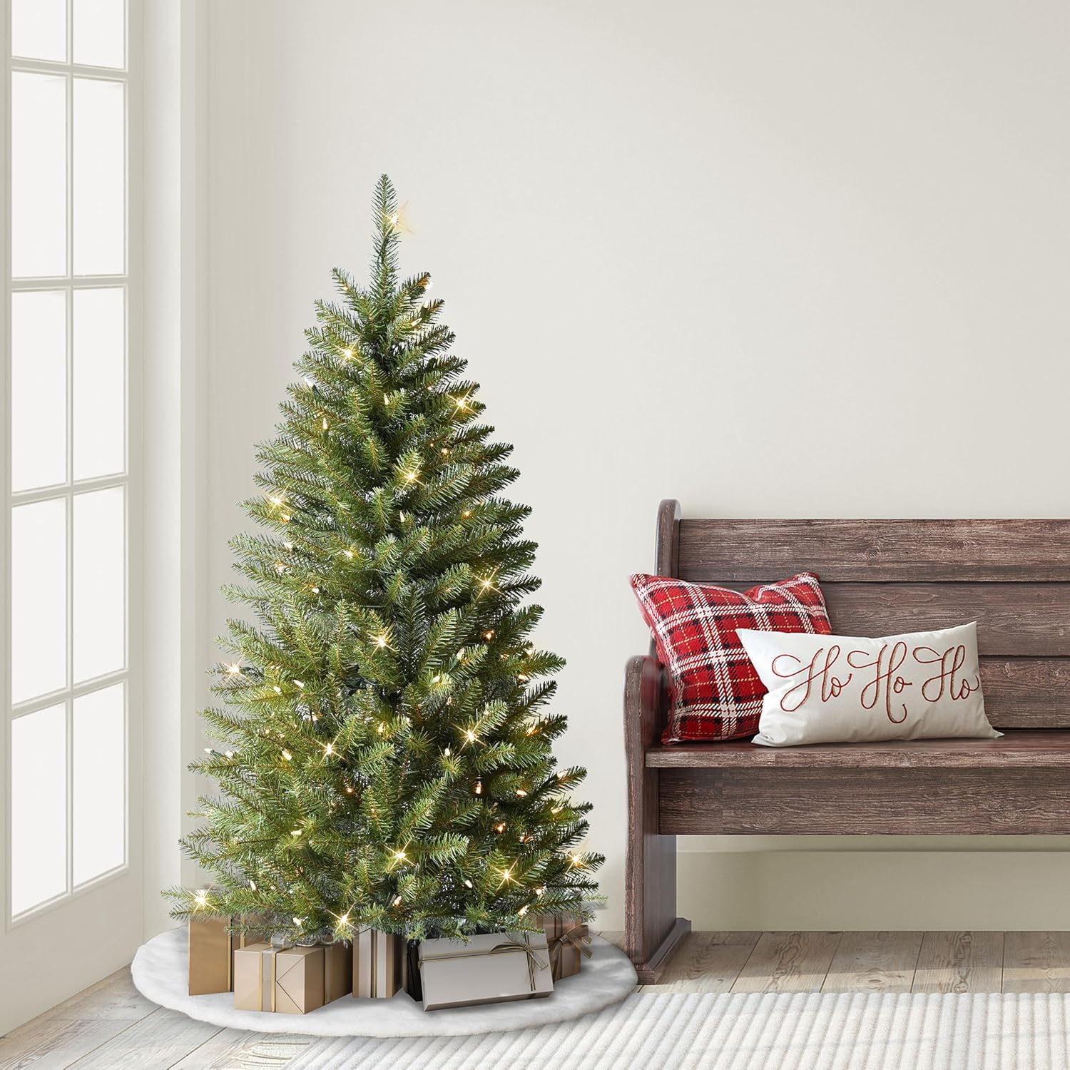Puleo International 7.5ft Pre-Lit Fraser Fir Pencil Christmas Tree with 350 Clear Lights, 1188 Realistic Dense Branch Tips, Easy Setup Artificial Trees with Sturdy Metal Stand