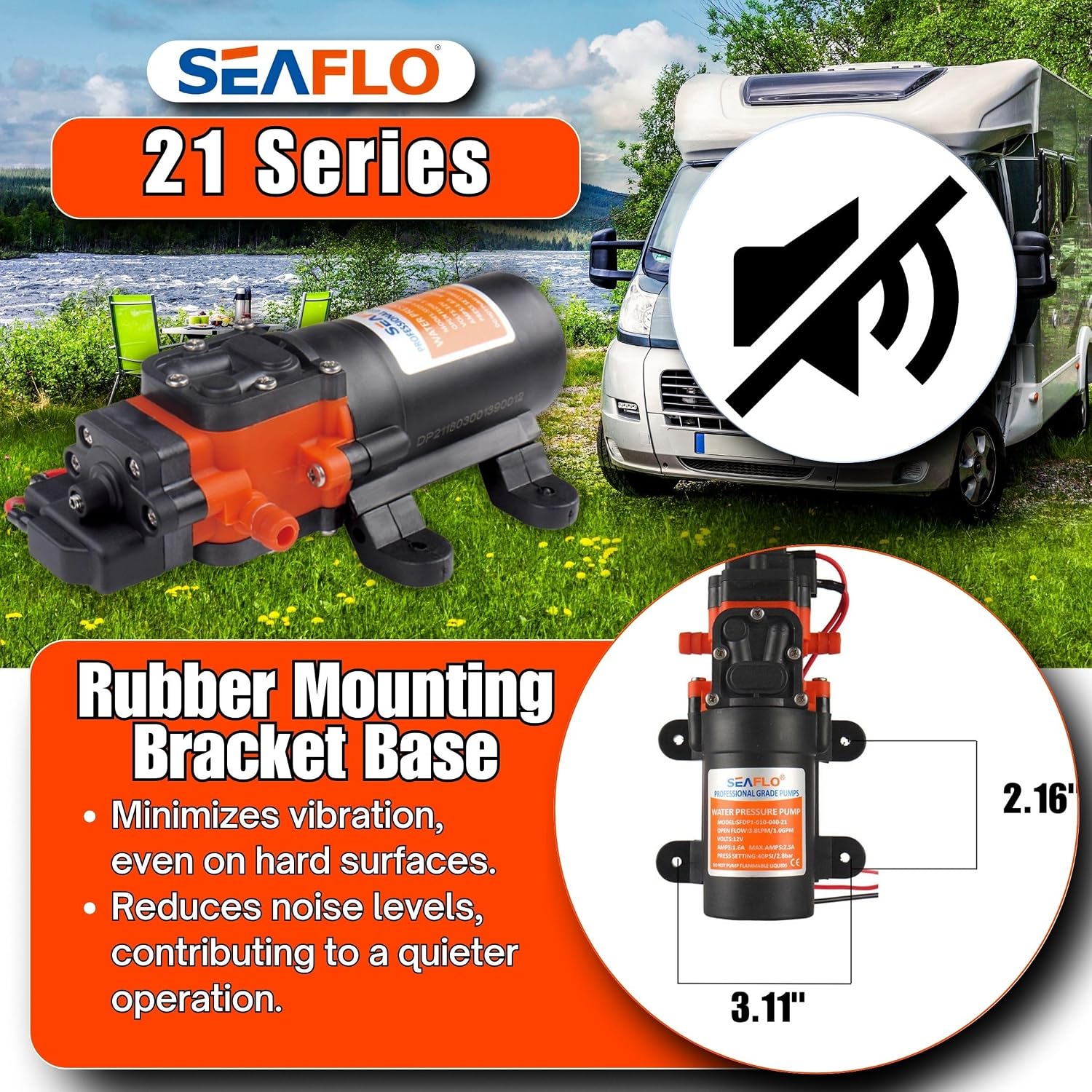 SEAFLO 55 Series 12V RV Water Pump 5.5 GPM 60 PSI Diaphragm Pump Heavy Duty Pressure Switch Built In Bypass Self Priming Quiet High Flow RV Marine Off Grid Freshwater System 4-Year Warranty