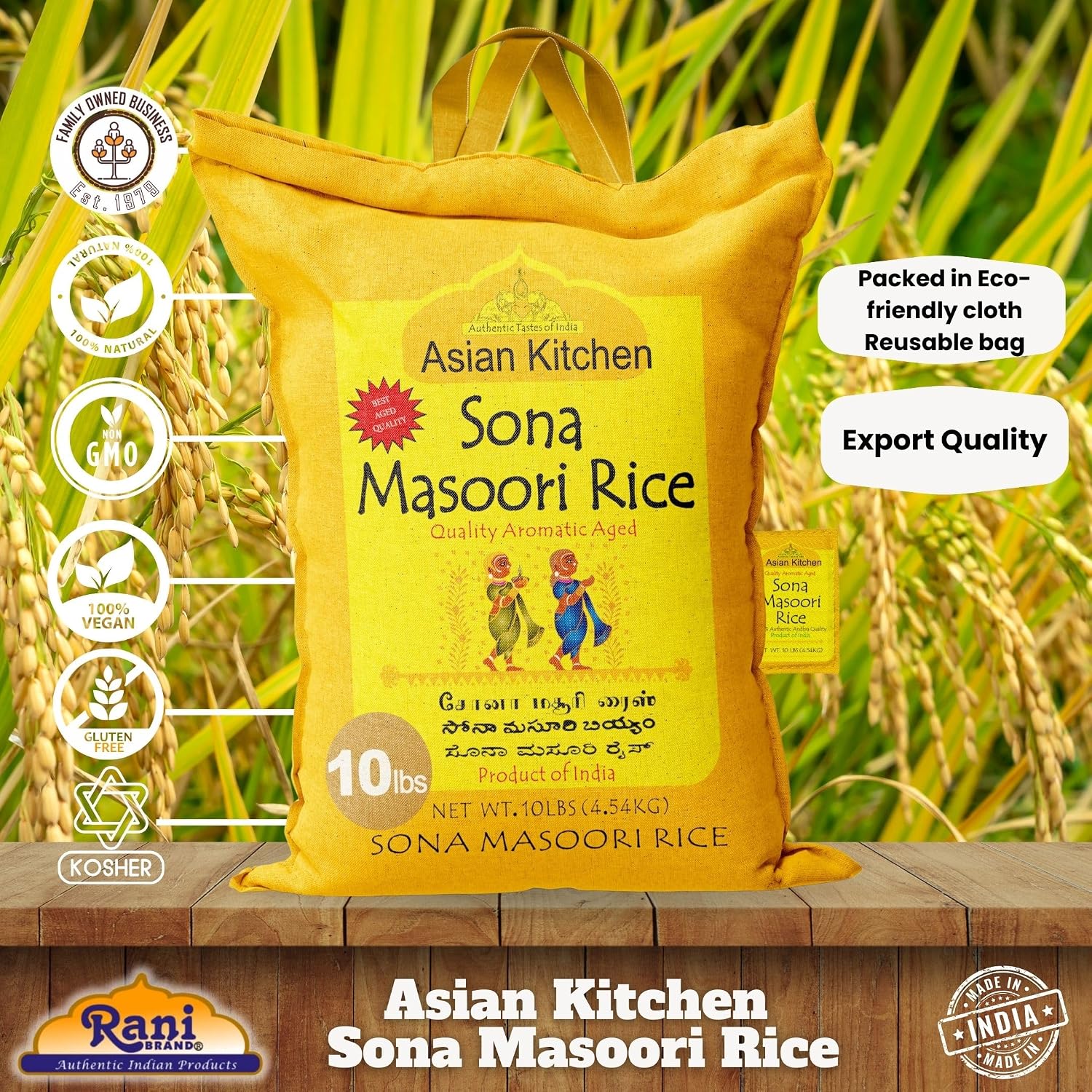 Asian Kitchen White Sona Masoori Aged Rice 20-Pound Bag, 20lbs (9.08kg) Short Grain Rice ~ All Natural | Gluten Friendly | Vegan | Kosher | Indian Origin | Export Quality