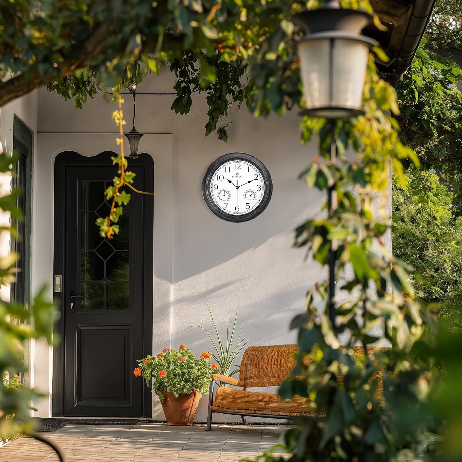 Lafocuse 12 Inch Brown Outdoor Wall Clocks with Temperature and Humidity