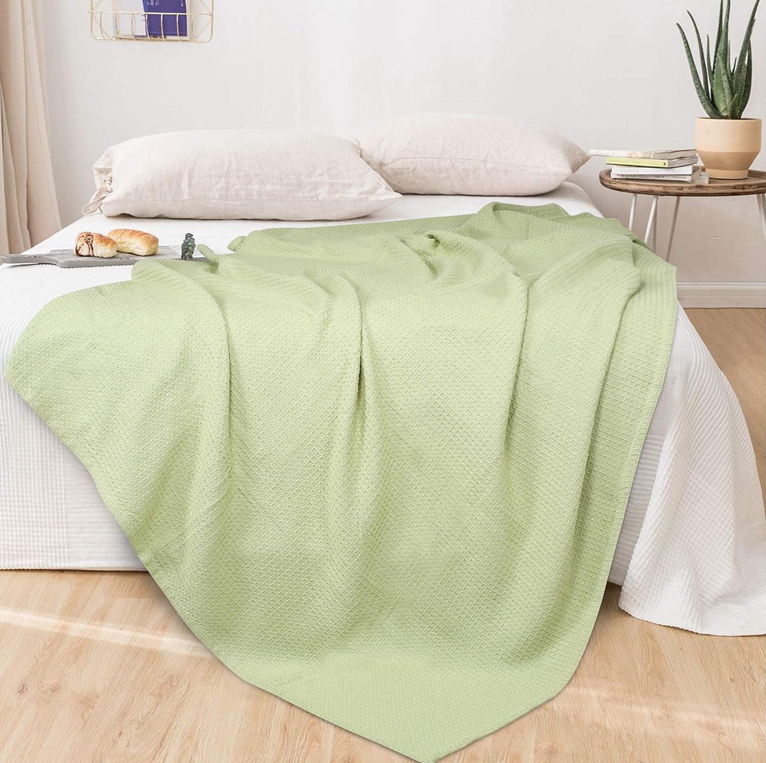 Glamburg 100% Cotton Thermal Bed Blanket, Soft Waffle, Queen Size, All Season, Navy Blue