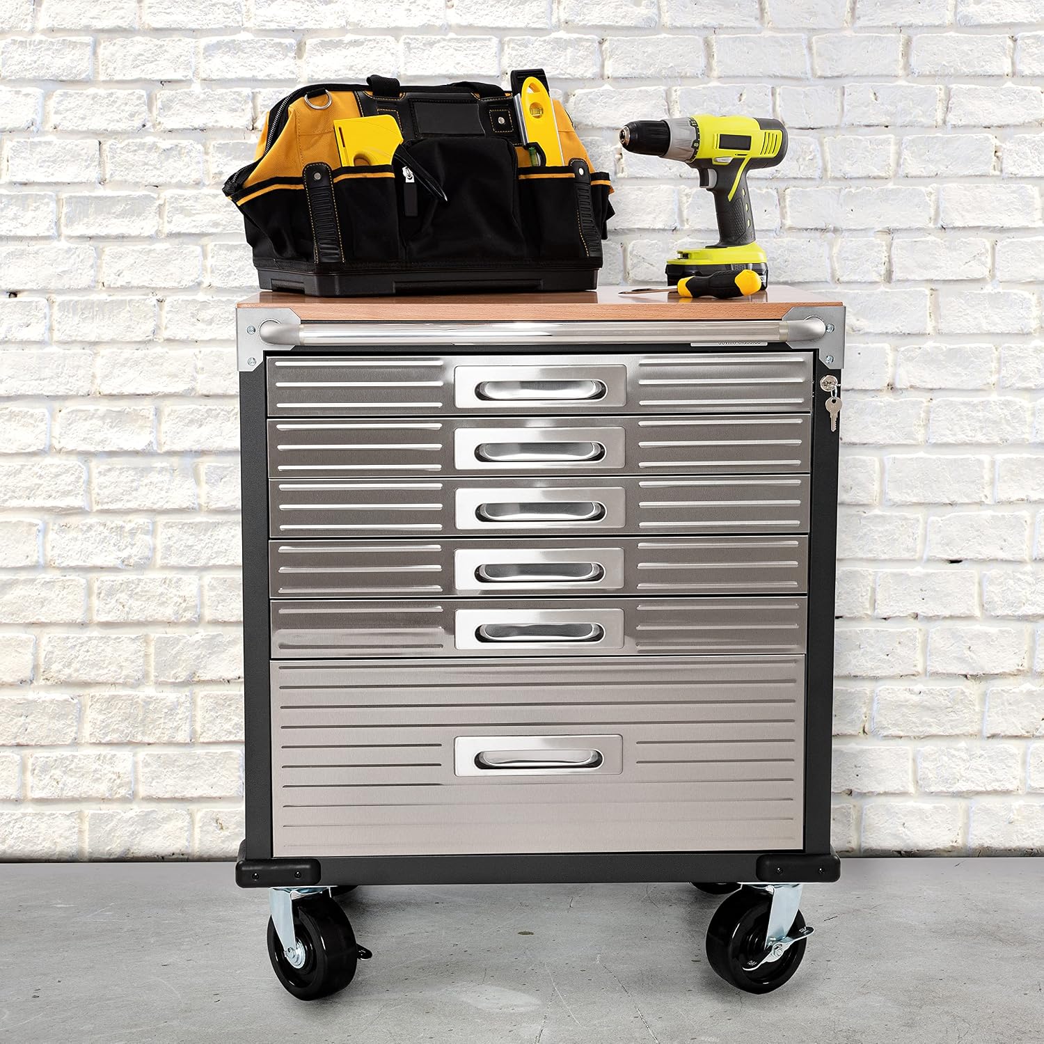 Seville Classics UltraHD Heavy Duty Rolling Cabinet Workbench Table w/Solid Wood Top, Workstation for Garage, Office, Workshop, Granite, 6-Drawer (28" W x 18" D