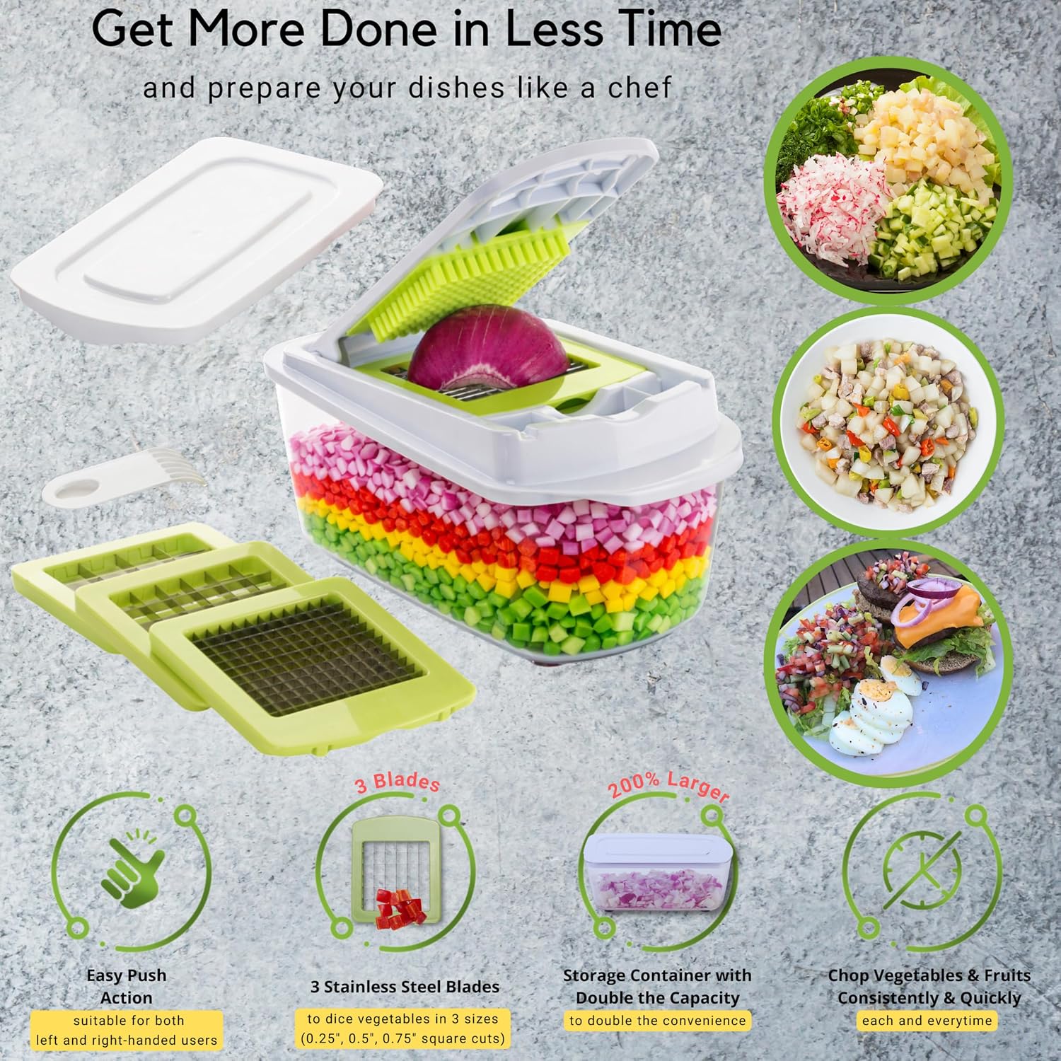 Brieftons QuickPush Manual Vegetable Chopper: 8-Cup Push-Down Onion Dicer & Food Chopper, 3 German Steel Blades