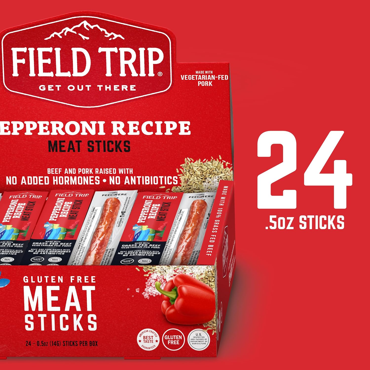 Field Trip Grass Fed Pepperoni Jerky Snack Sticks, Keto, Paleo, Gluten Free, Allergy Friendly Snack, High Protein, 50 Calorie Snack, 0.5oz, 24 Pack | Grass Fed, Keto, Paleo, Gluten Free, Allergy Friendly Snack, High Protein, 50 Calorie Snack