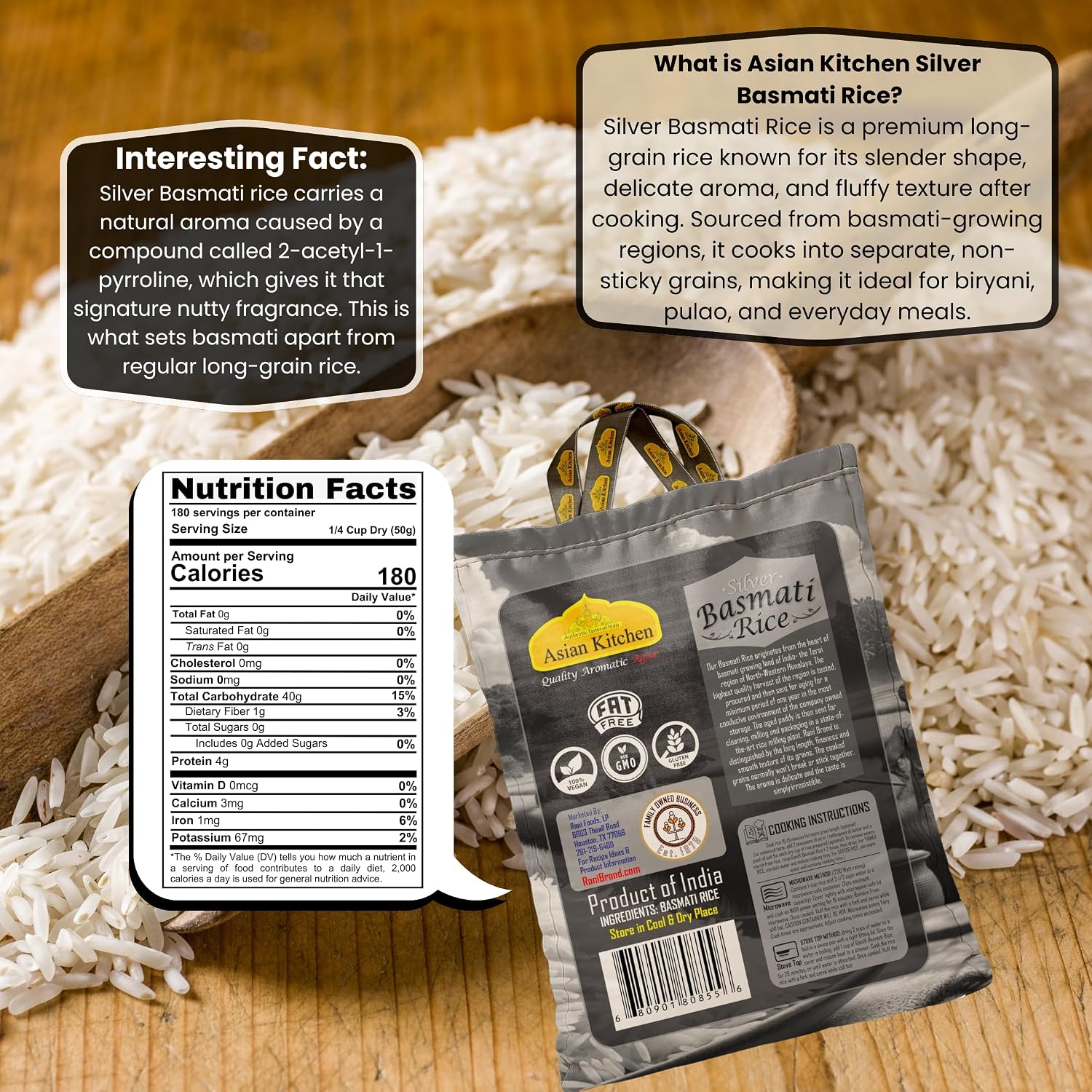 Asian Kitchen Platinum White Basmati Rice Extra Long Aged 20lbs (9.08kg) ~ All Natural | Gluten Friendly | Vegan | Indian Origin | Export Quality